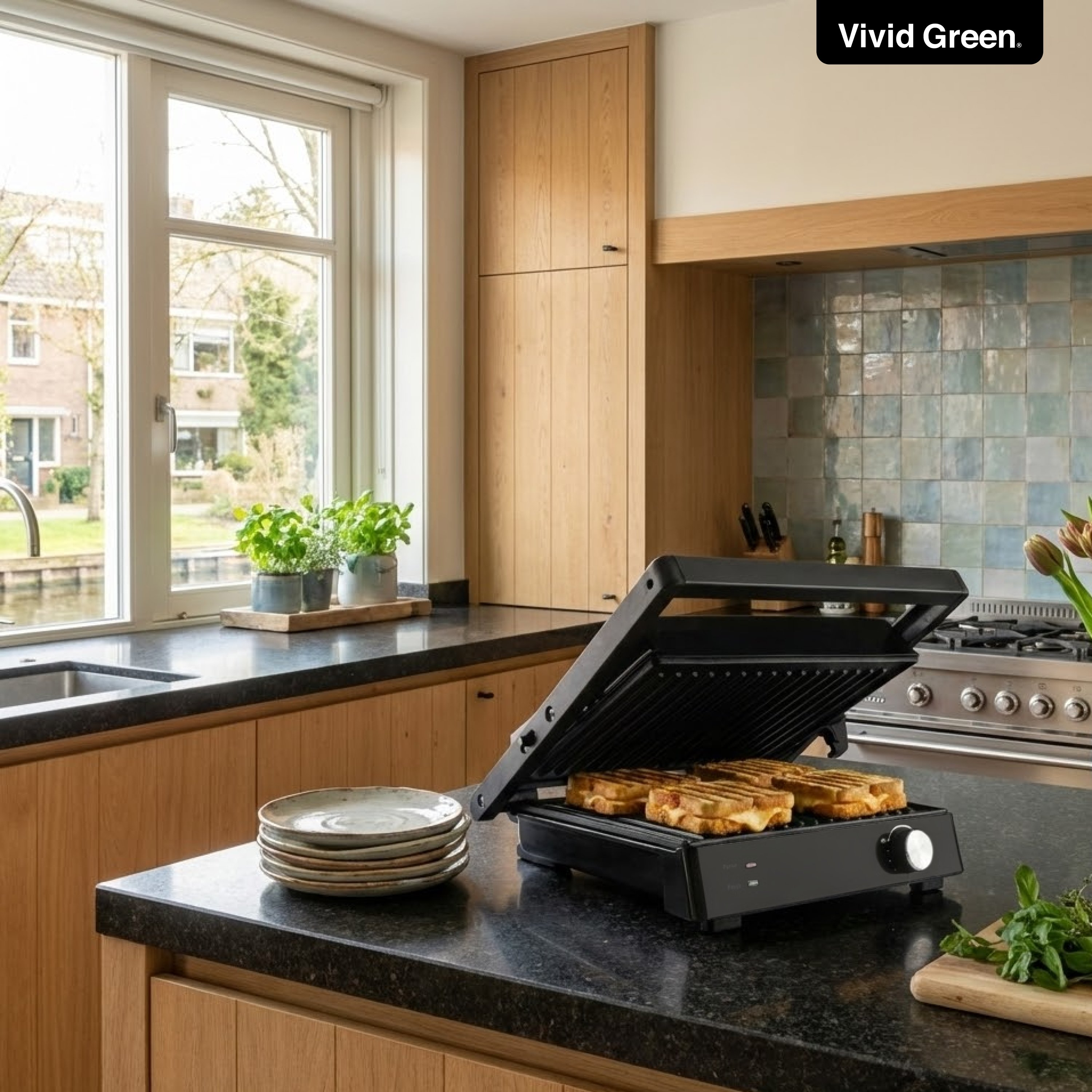 Kitchen with a grill cooking sandwiches, window, wooden cabinets, and plates. Background includes a stove and tiles.