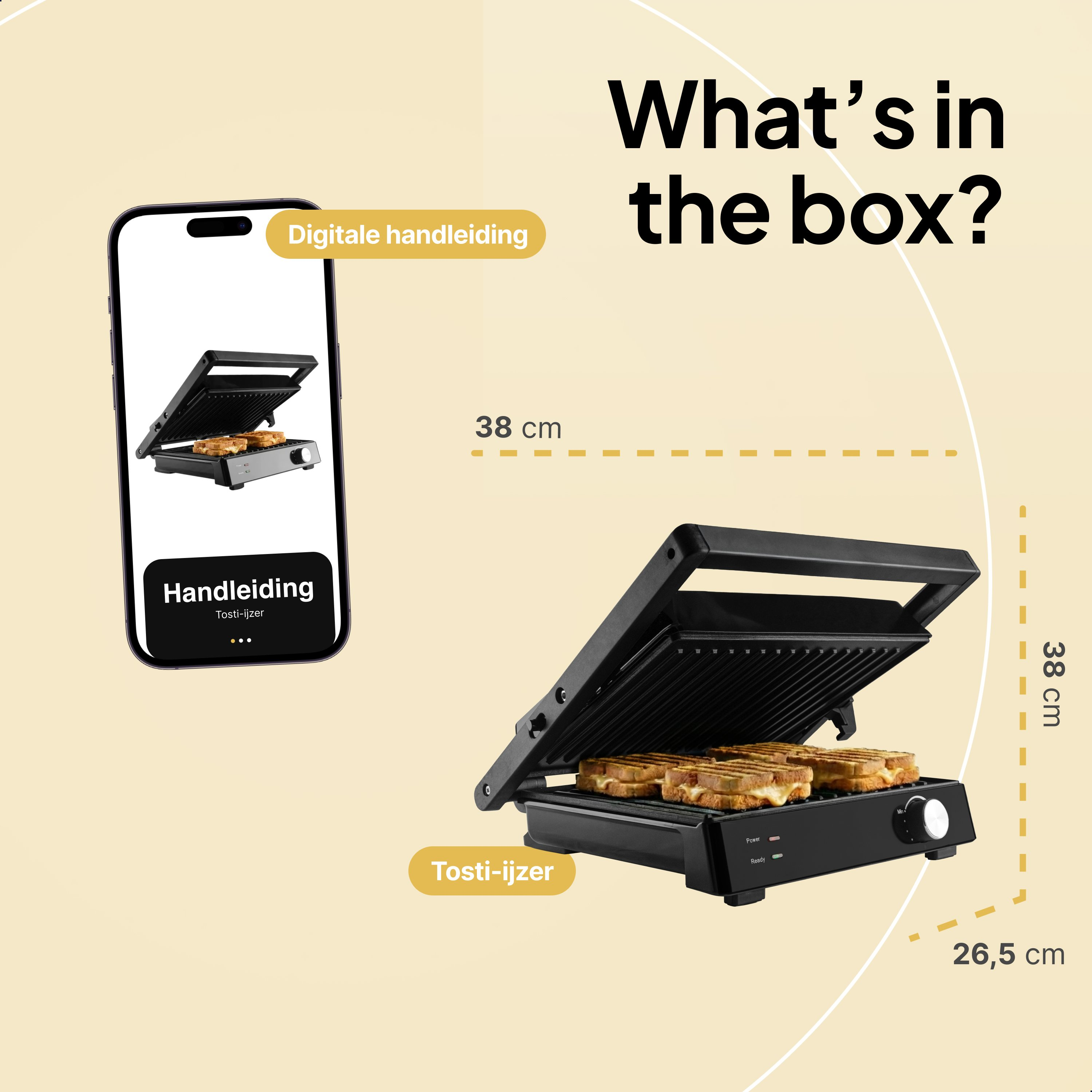 Image shows a black sandwich maker with sandwiches. A phone shows the maker. Text: What's in the box?