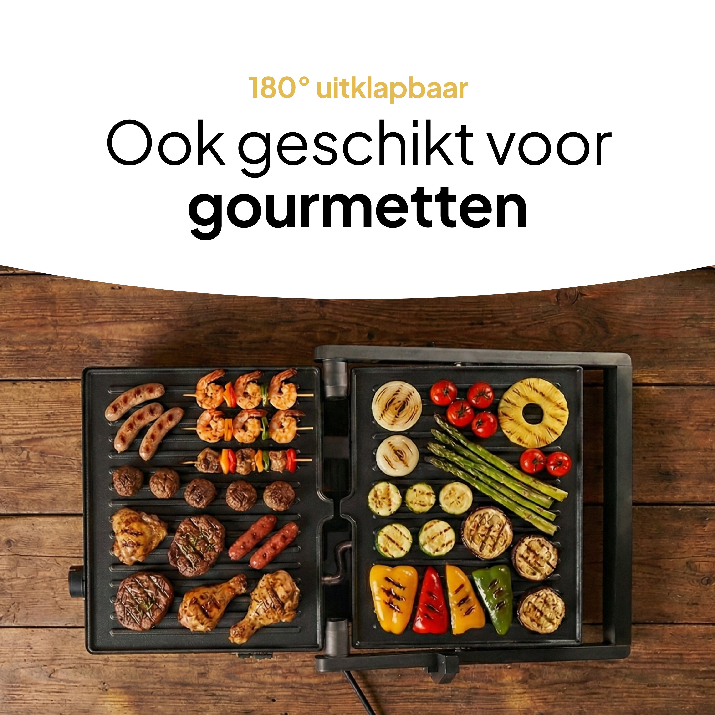 A grill with food, including sausages, shrimp, vegetables, and fruit, is placed on a wooden table.