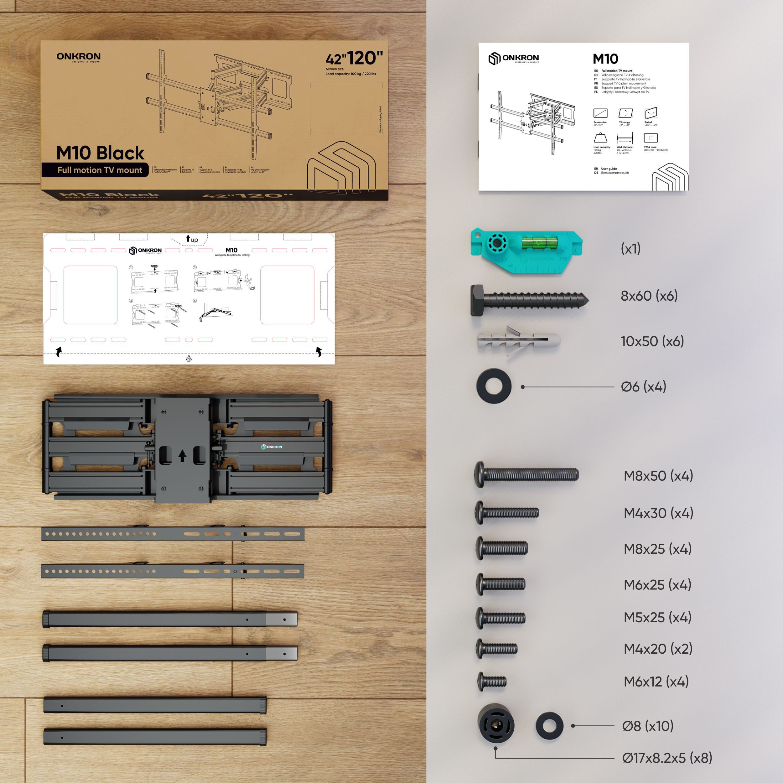 Obraz przedstawia zestaw do montażu TV z elementami takimi jak śruby, poziomica i wsporniki montażowe, na drewnianej powierzchni.