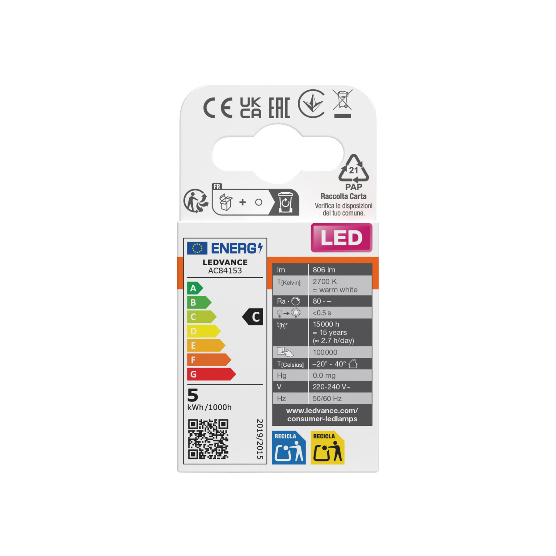 Un'etichetta bianca informativa per lampada LED. Contiene vari simboli e testo che descrivono l'efficienza energetica e le specifiche tecniche.