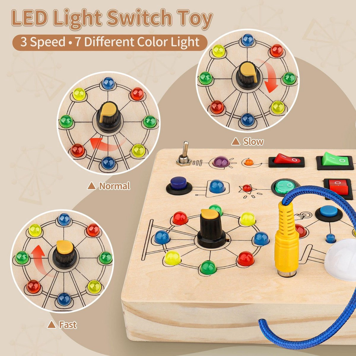 Ein Holzspielzeug mit bunten Lichtern und Schaltern. Enthält drei Geschwindigkeitseinstellungen und eine Vielzahl farbiger Lichter. Text: 'LED Light Switch Toy'.
