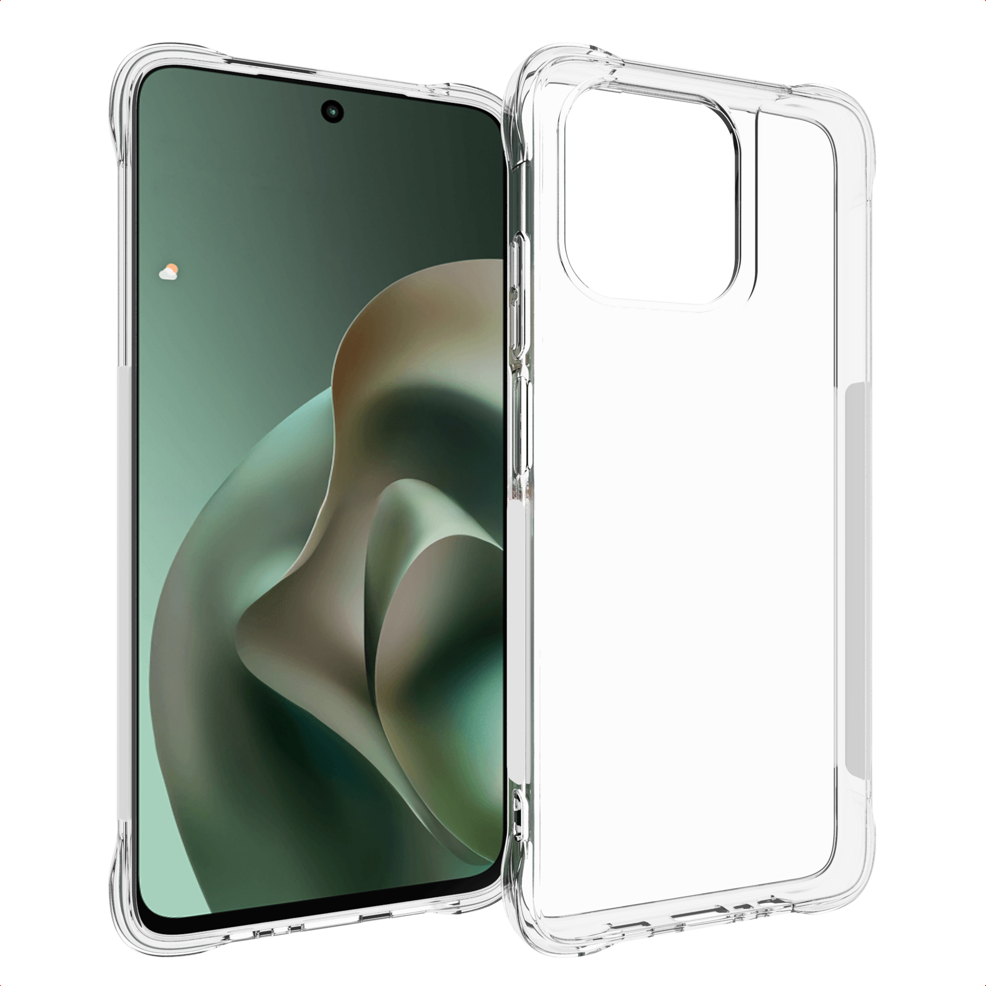 Une coque de téléphone transparente à côté d'un téléphone avec un arrière-plan vert et marron. La coque est transparente.