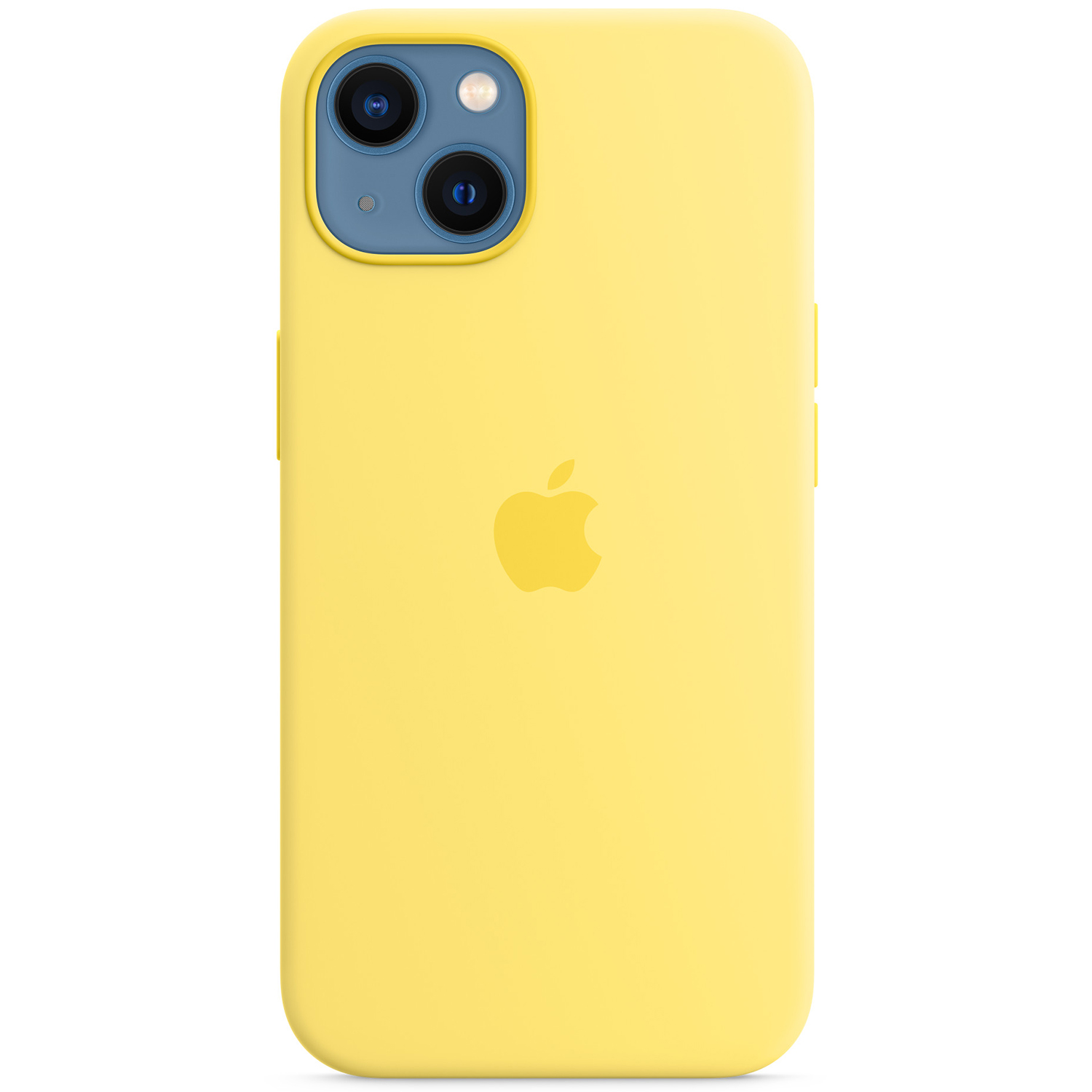 A yellow iPhone case with the Apple logo. It has a dual-lens camera and volume buttons. The background is white.