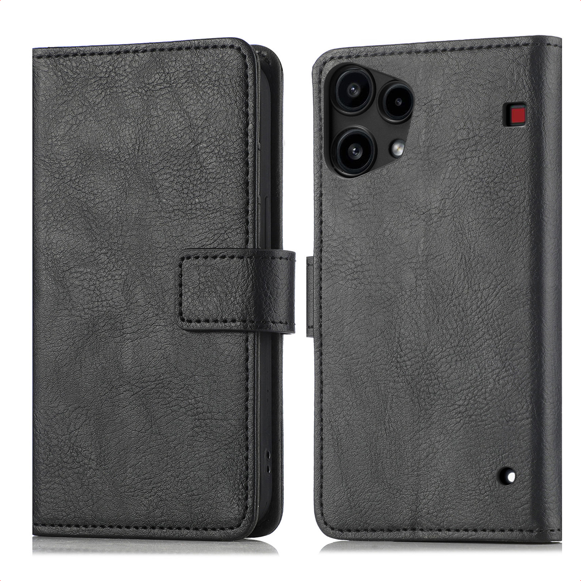 Étui de téléphone en cuir noir, ouvert. Montre le téléphone avec des lentilles de caméra et un carré rouge, et le côté fermé.