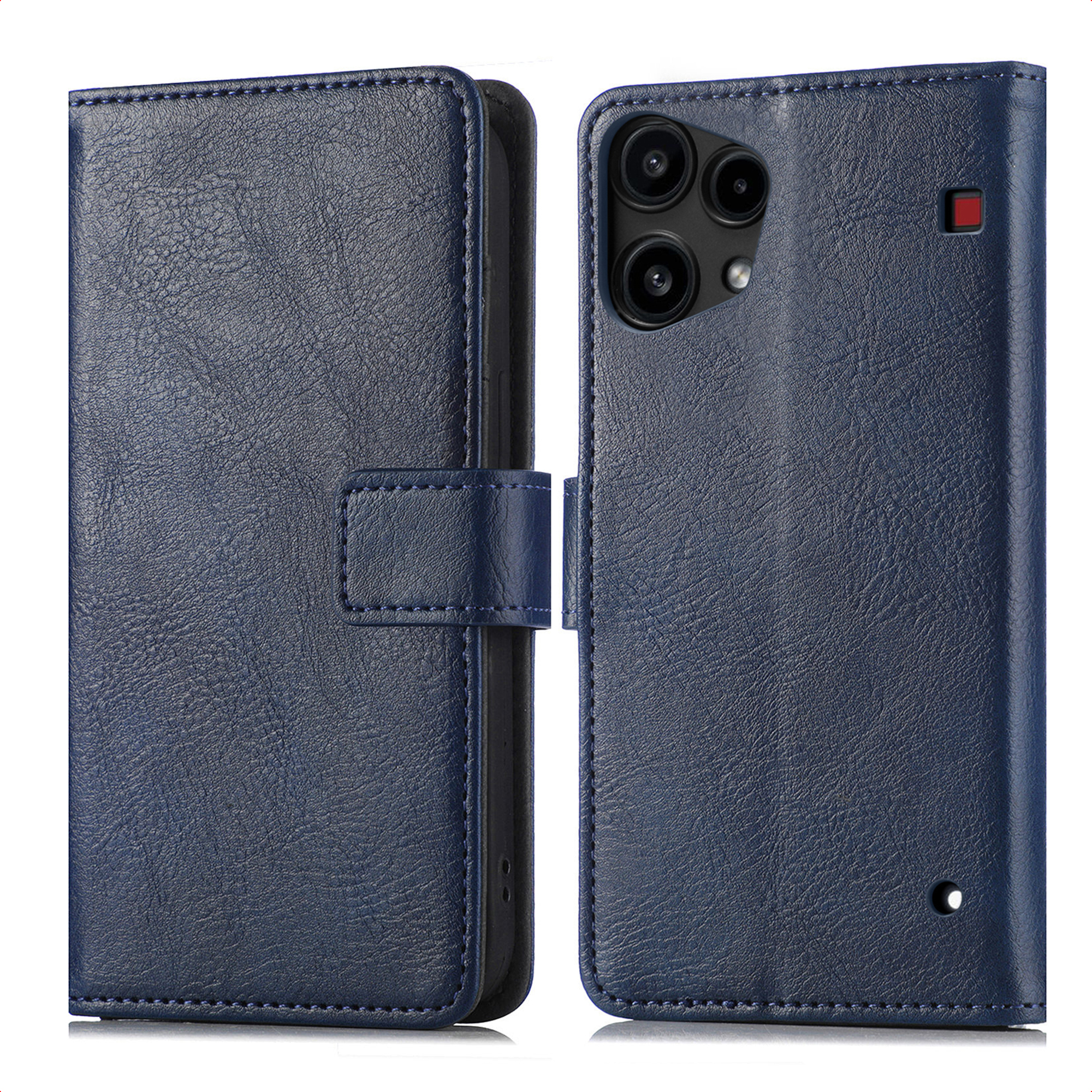 Een donkerblauwe lederen telefoonhoes, opengeklapt om de telefoonkant met cameralenzen en een rode knop te onthullen.