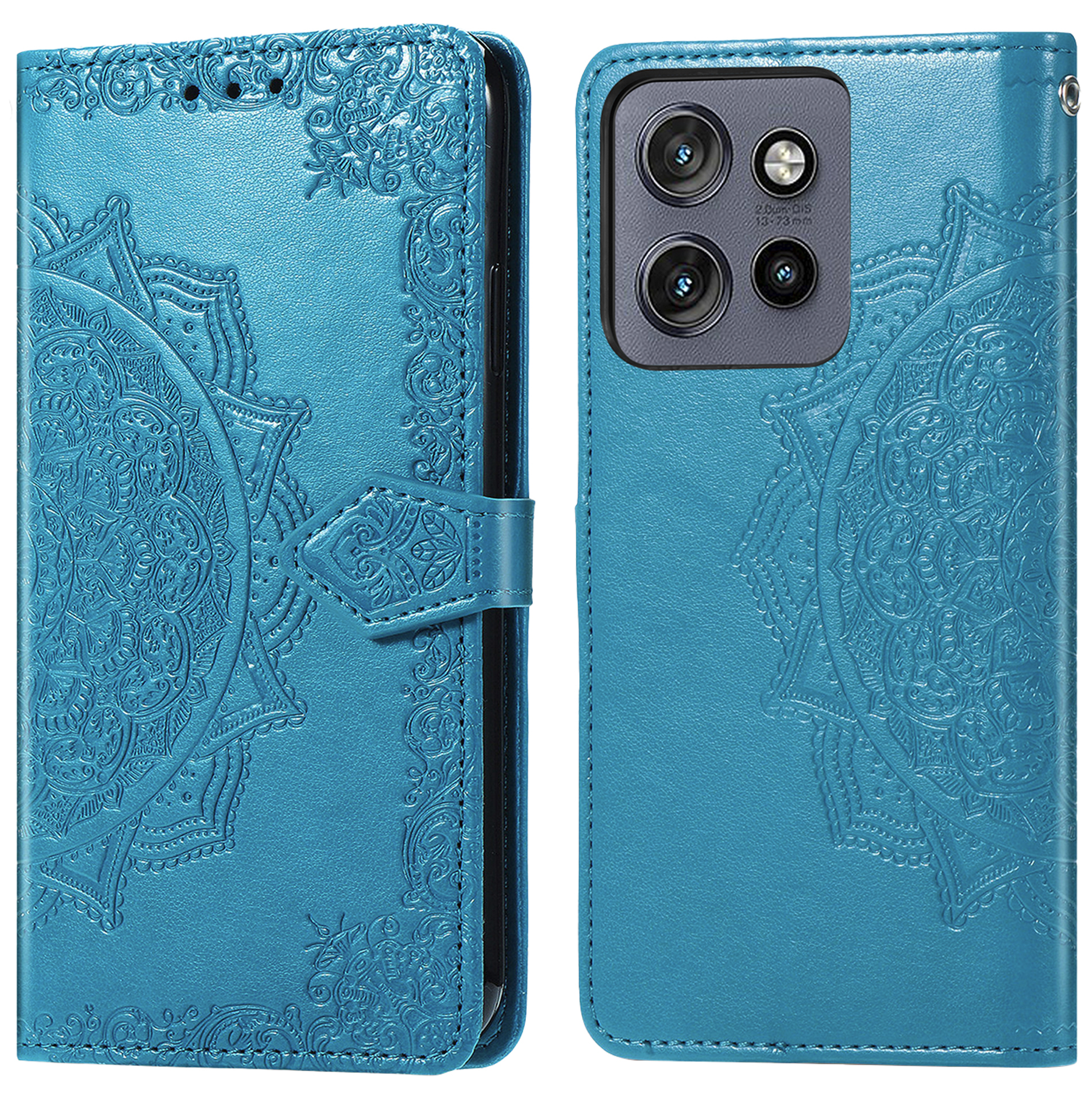 Een open, felblauwe telefoonhoes. Het heeft een reliëf bloemenontwerp en een cameramodule met meerdere lenzen. De hoes is van leer.