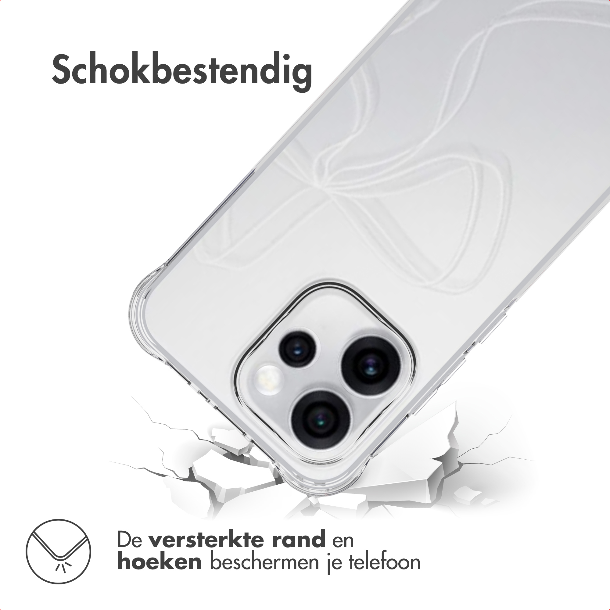 Clear phone case. The case appears to be impact-resistant, with reinforced edges, and is shown on a cracked surface.