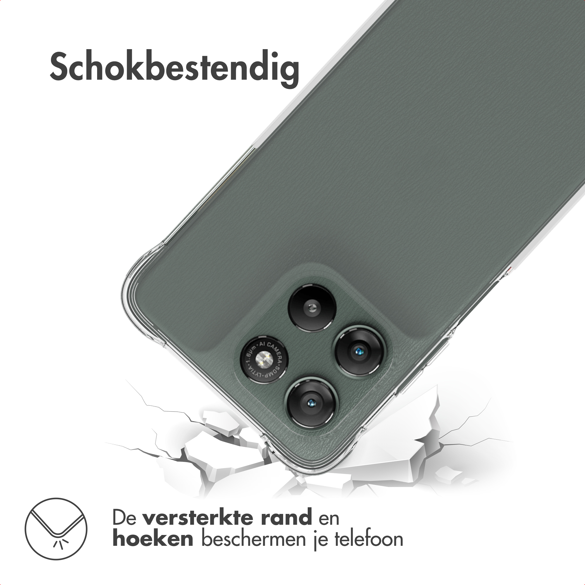 Un étui de téléphone est montré, avec un téléphone à l'intérieur. L'étui est incliné, avec du texte en haut et en bas.