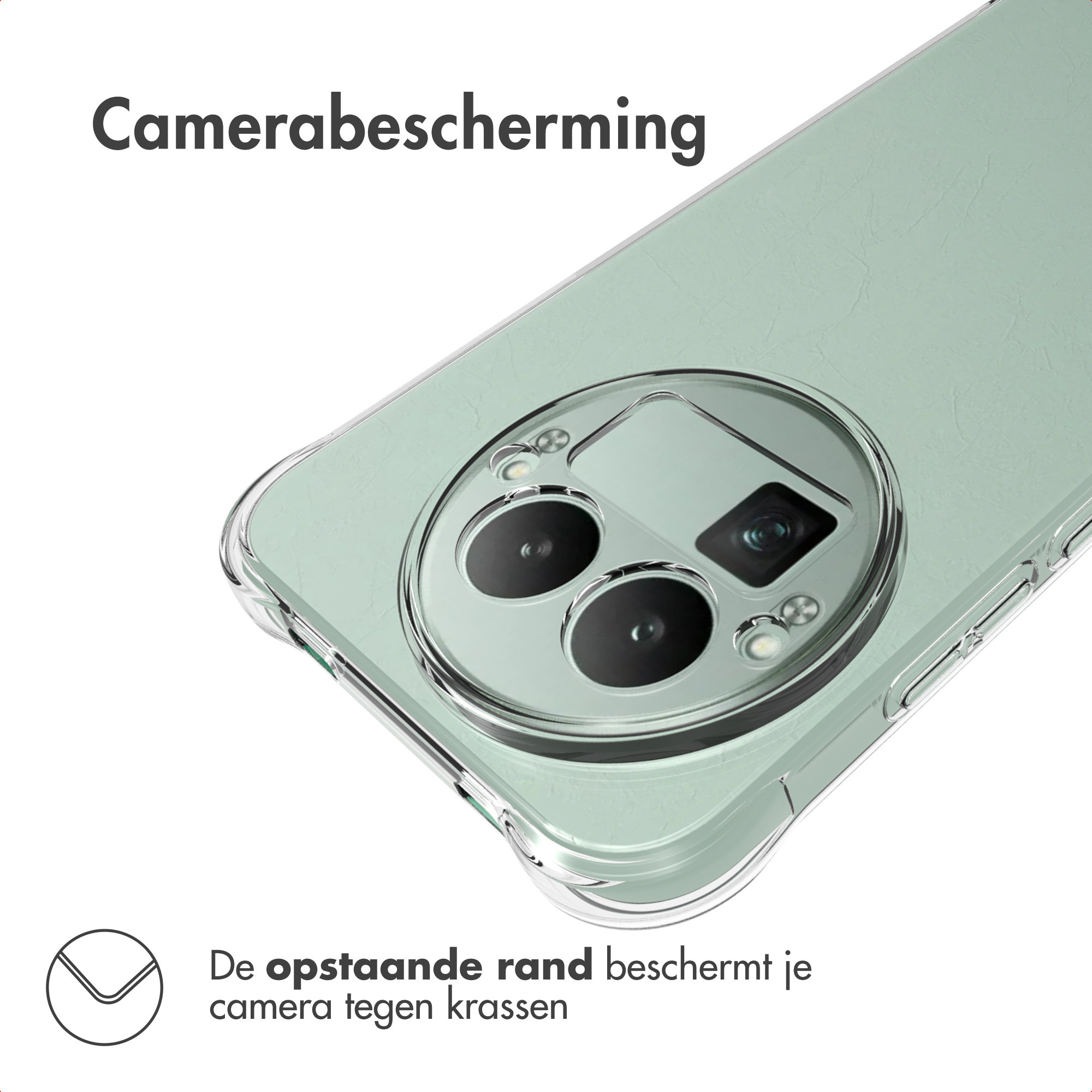 Una custodia per telefono con protezione della fotocamera. La custodia è trasparente e verde. Il testo dice 'Protezione della fotocamera'.
