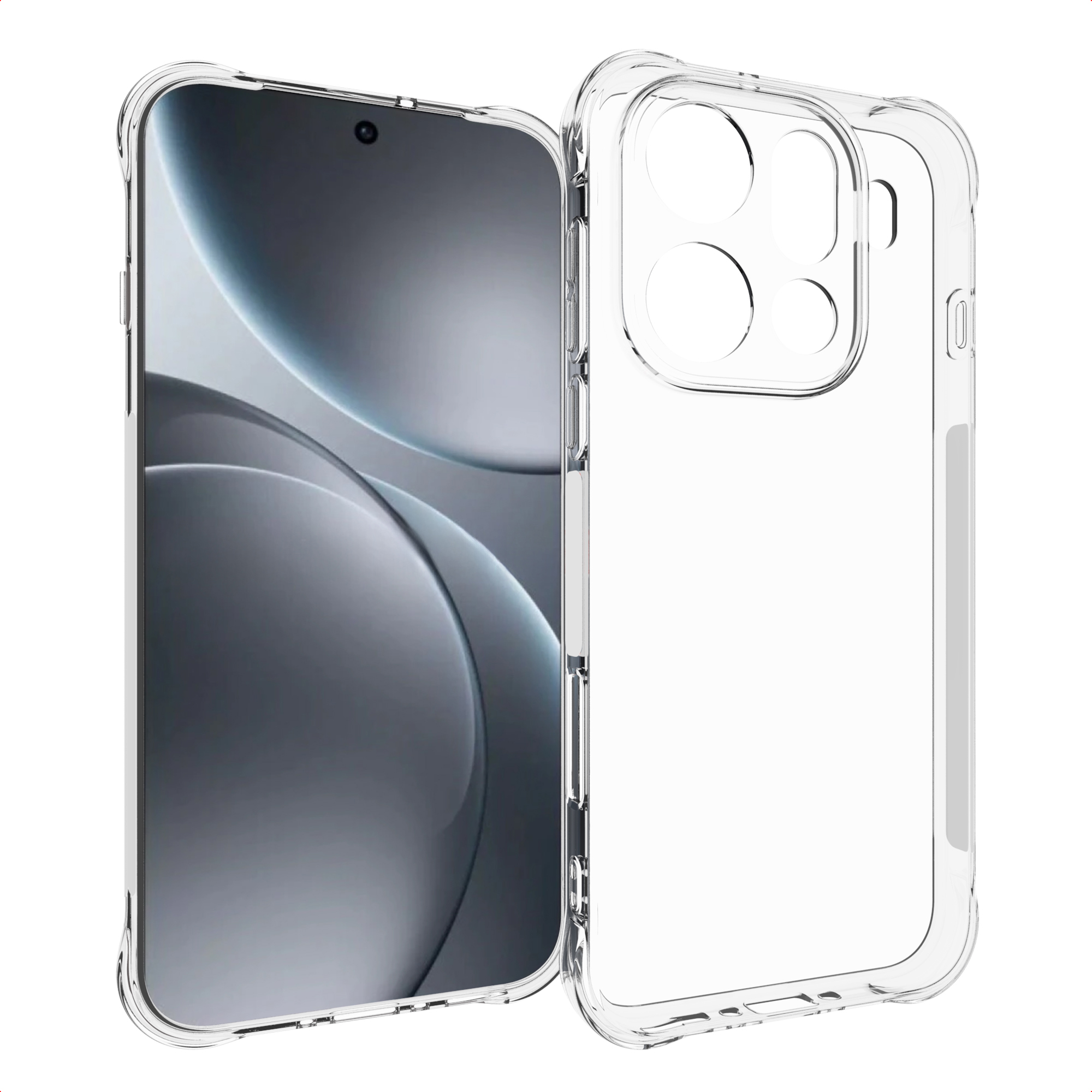 Een doorzichtige telefoonhoes naast een telefoon met een scherm met abstracte grijze vormen.