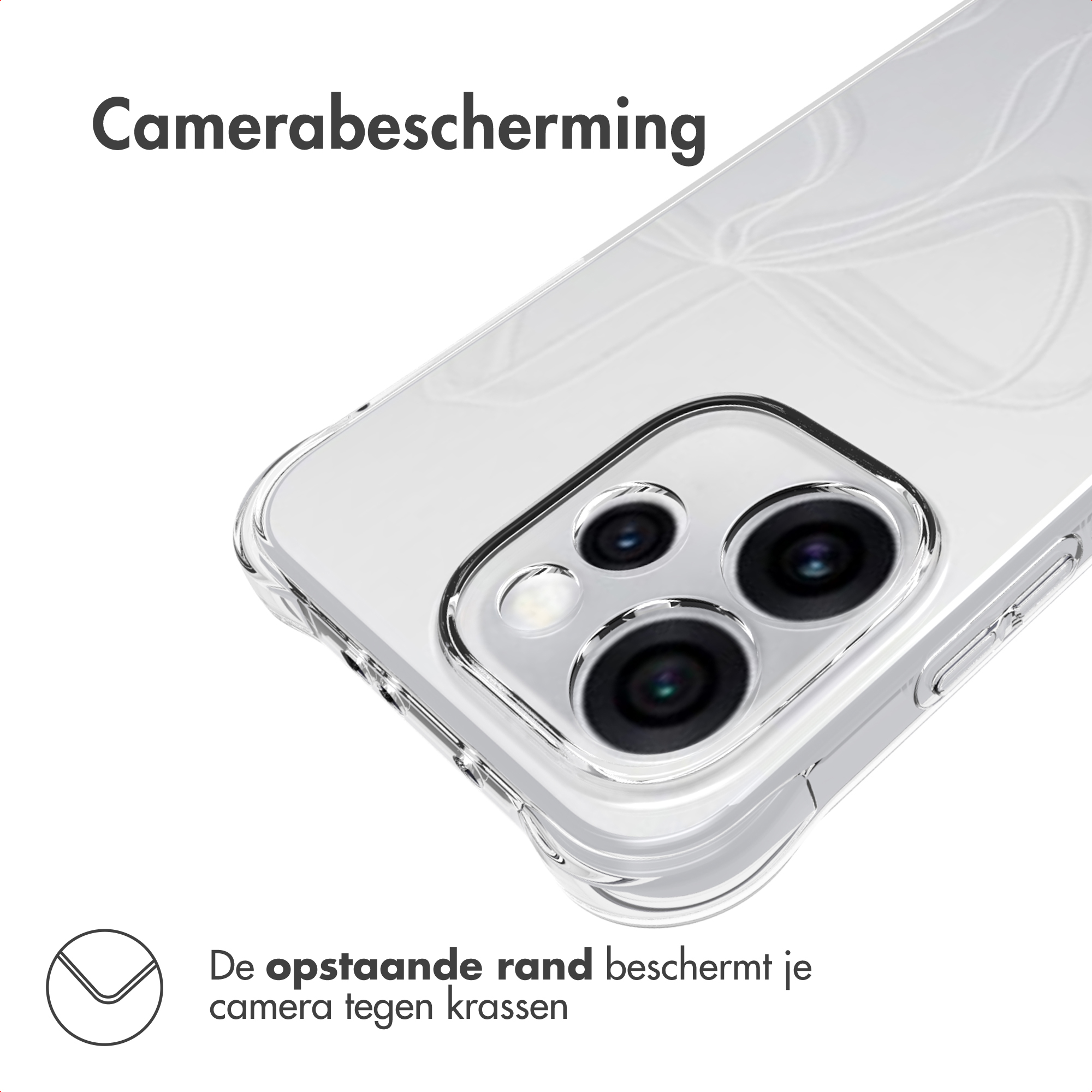 Clear phone case protecting the camera. Text says: Camera protection. Raised edge protects the camera from scratches.