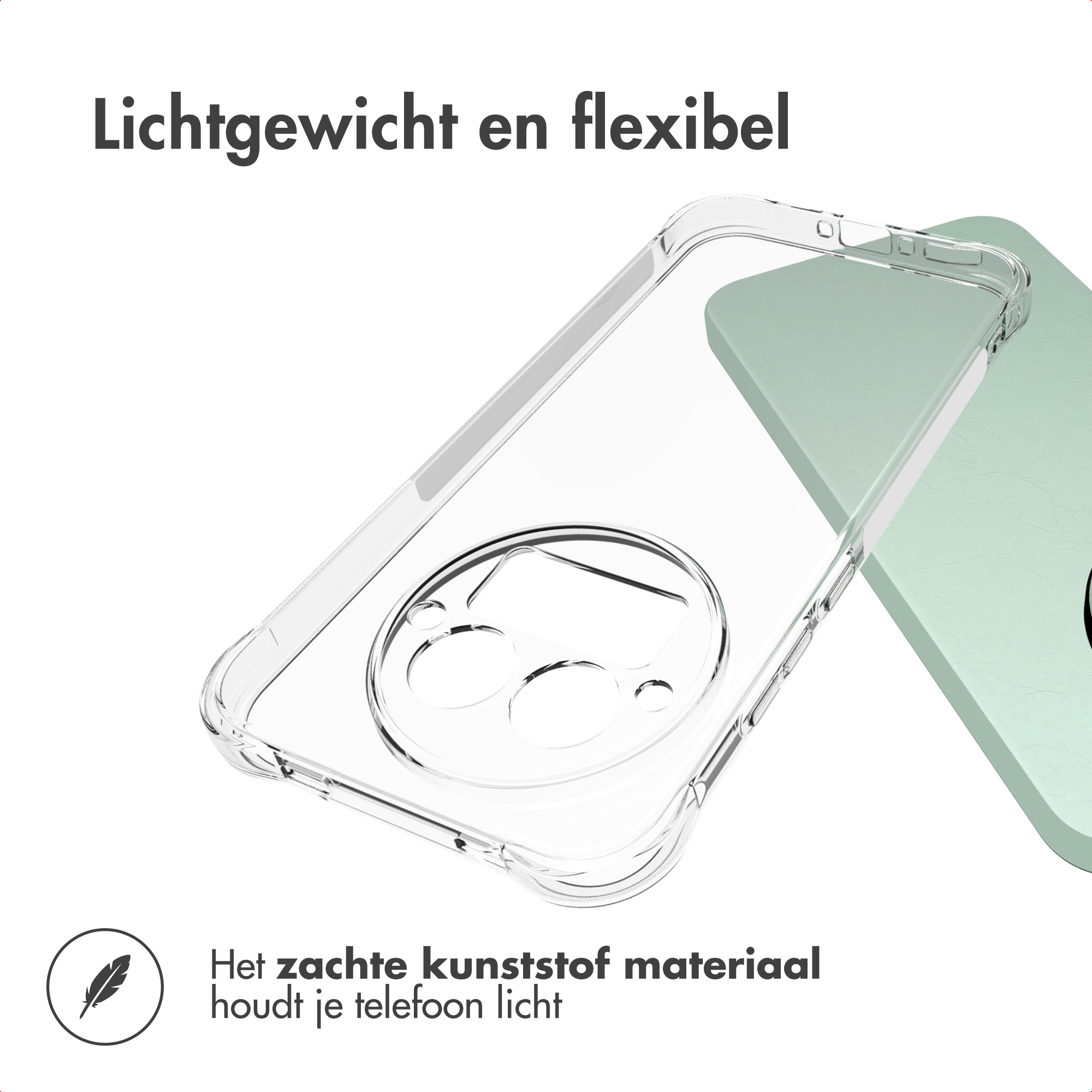 Custodia trasparente per telefono su una superficie verde. Testo: Leggero e flessibile. Il materiale plastico morbido mantiene il telefono leggero.