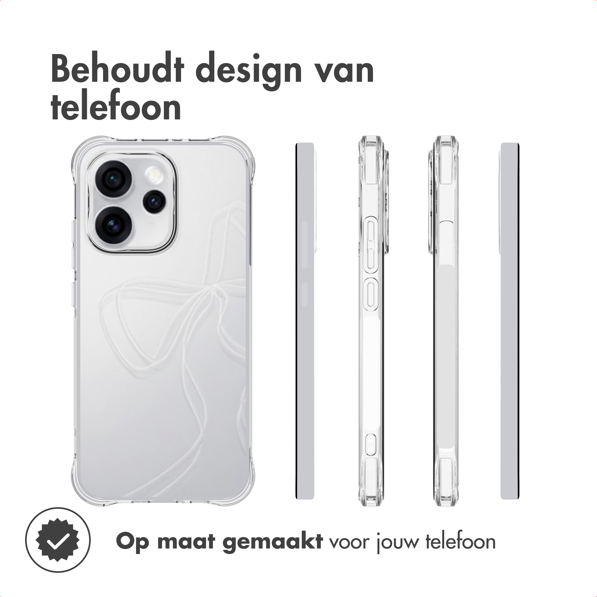 Clear phone case. Multiple views of the case are shown. Texts include 'Keeps phone design' and 'Custom made for your phone'.