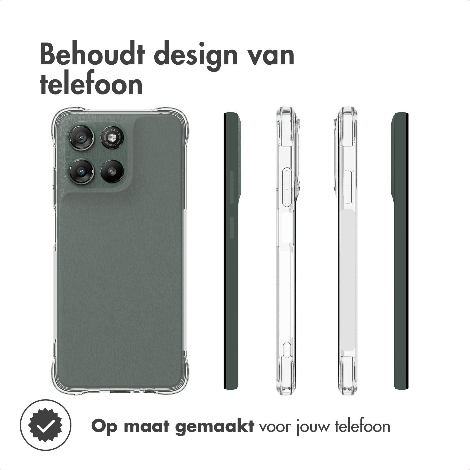Téléphone avec étui. L'image montre un téléphone dans un étui sous différents angles. Le texte dit 'Conserve le design du téléphone'.