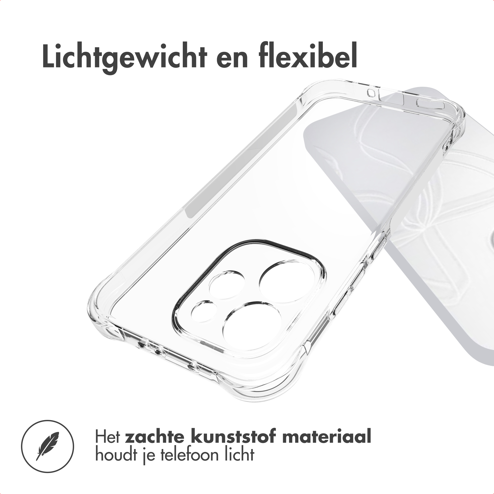 Clear phone case. Text reads 'Lightweight and flexible.' Soft plastic material keeps your phone light.