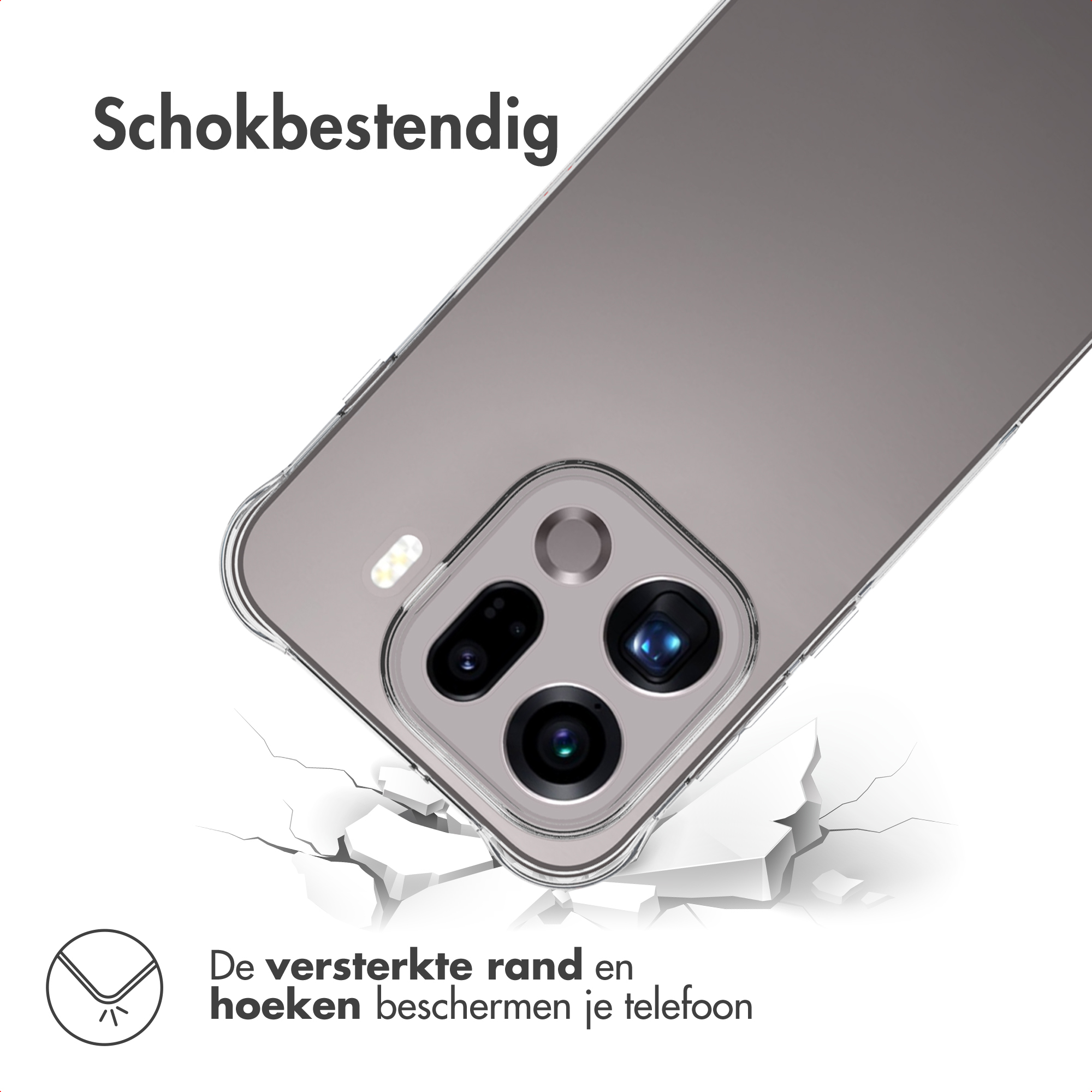 Telefoonhoesje getoond, met een gebarsten oppervlak eronder, dat de schokbestendige functie benadrukt.
