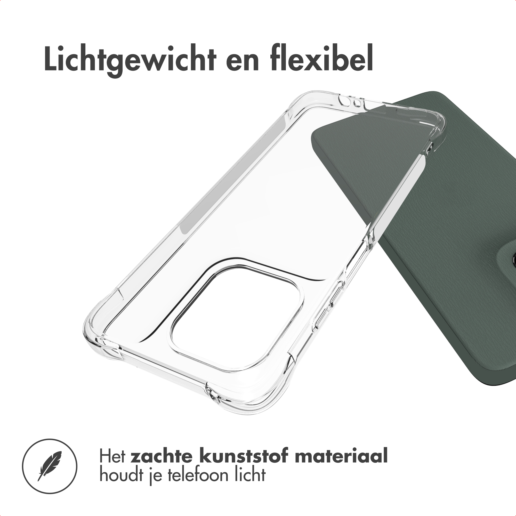 Coque transparente et dos vert. Texte: léger et flexible. Le plastique souple garde votre téléphone léger.