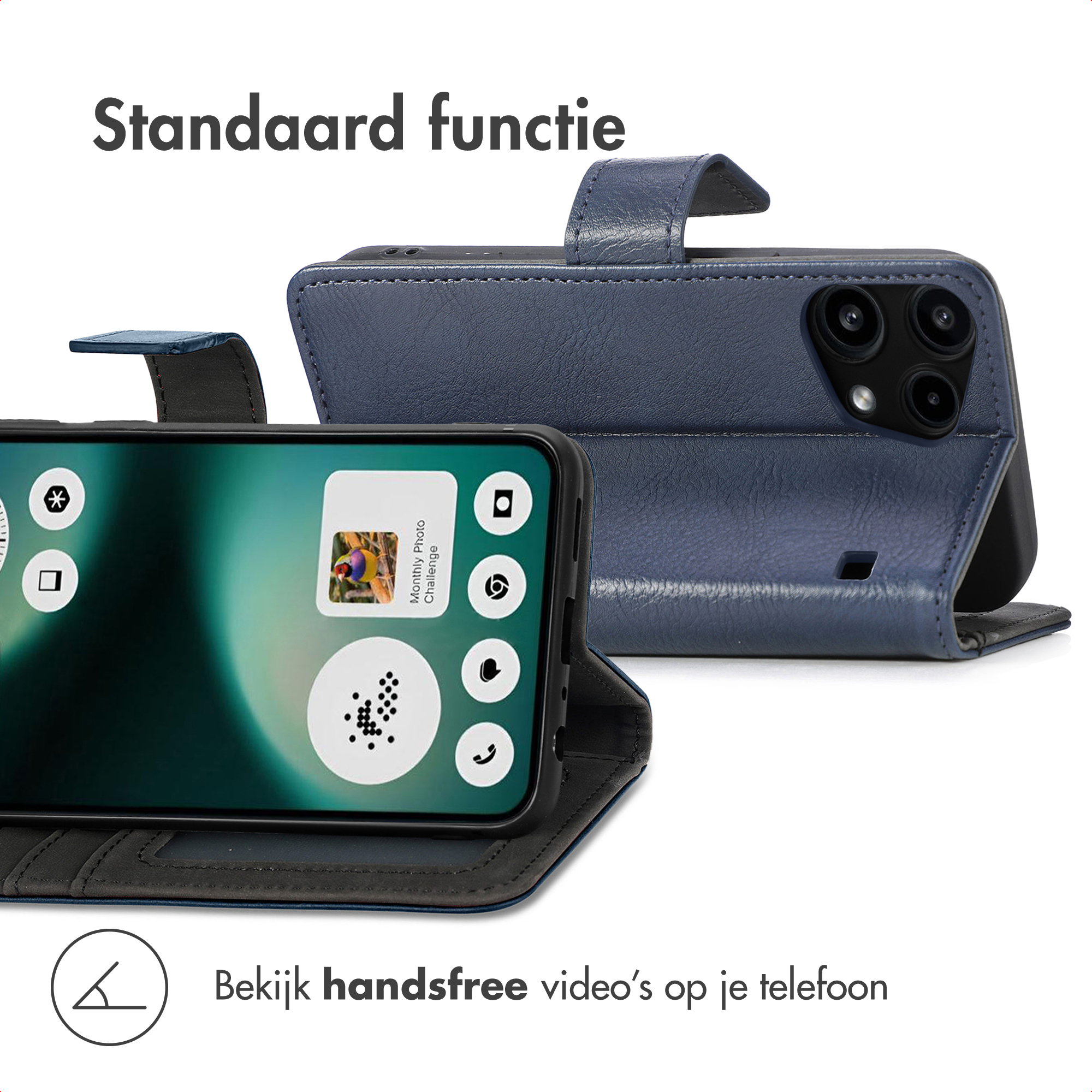 Een blauwe telefoonhoes met een telefoon die apps weergeeft. De hoes is open en toont het scherm van de telefoon en een opgevouwen achterkant.
