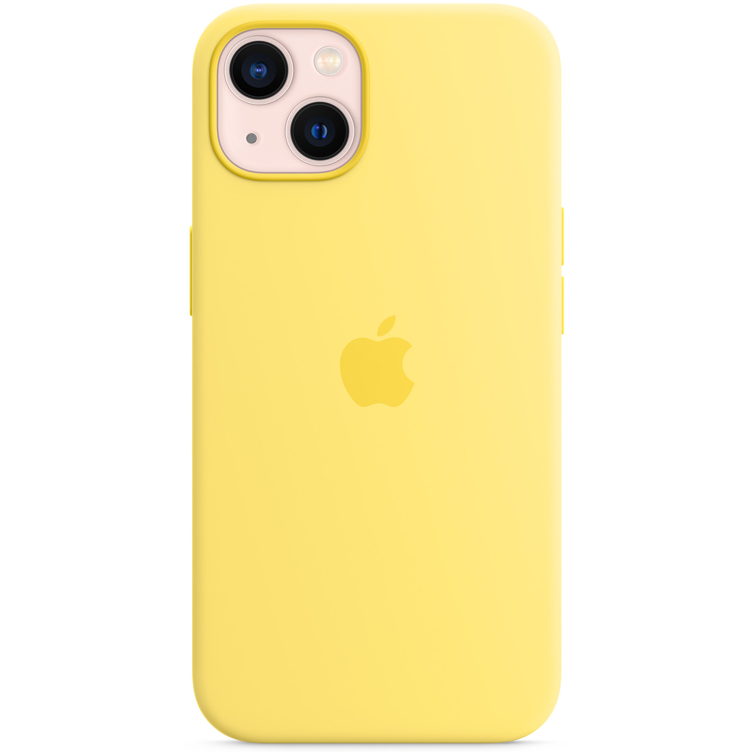 A yellow iPhone case with the Apple logo. It has a camera module with two lenses and a flash. The background is white.