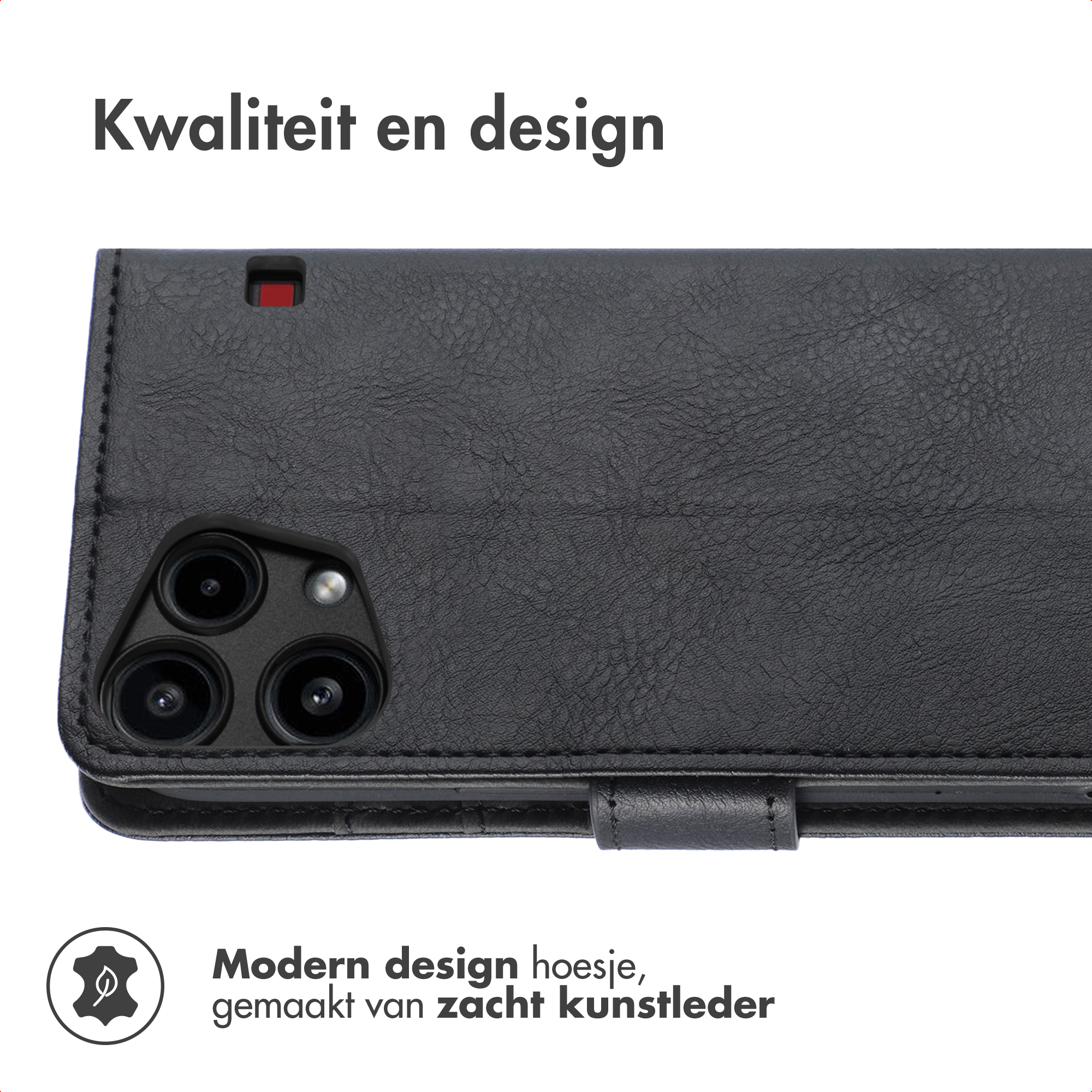 Étui de téléphone noir avec découpes pour appareil photo et un accent rouge. Texte en haut et en bas avec une icône de feuille.