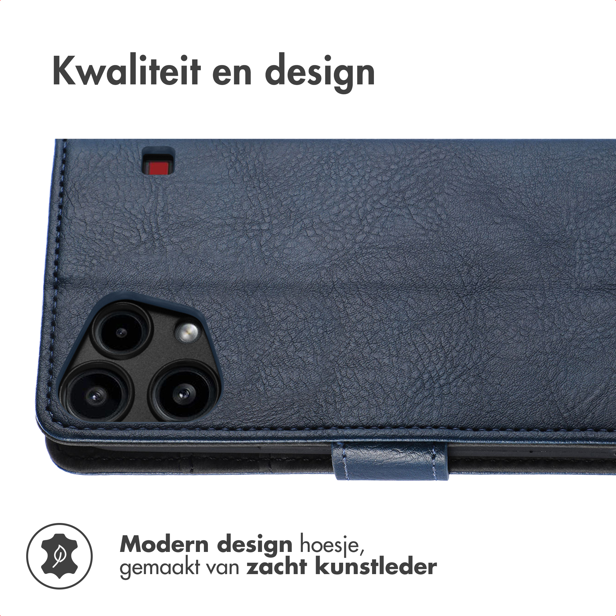 Blauwe leren telefoonhoes met camera-uitsparingen. Tekst: Kwaliteit en design, modern design hoesje, gemaakt van zacht leer.