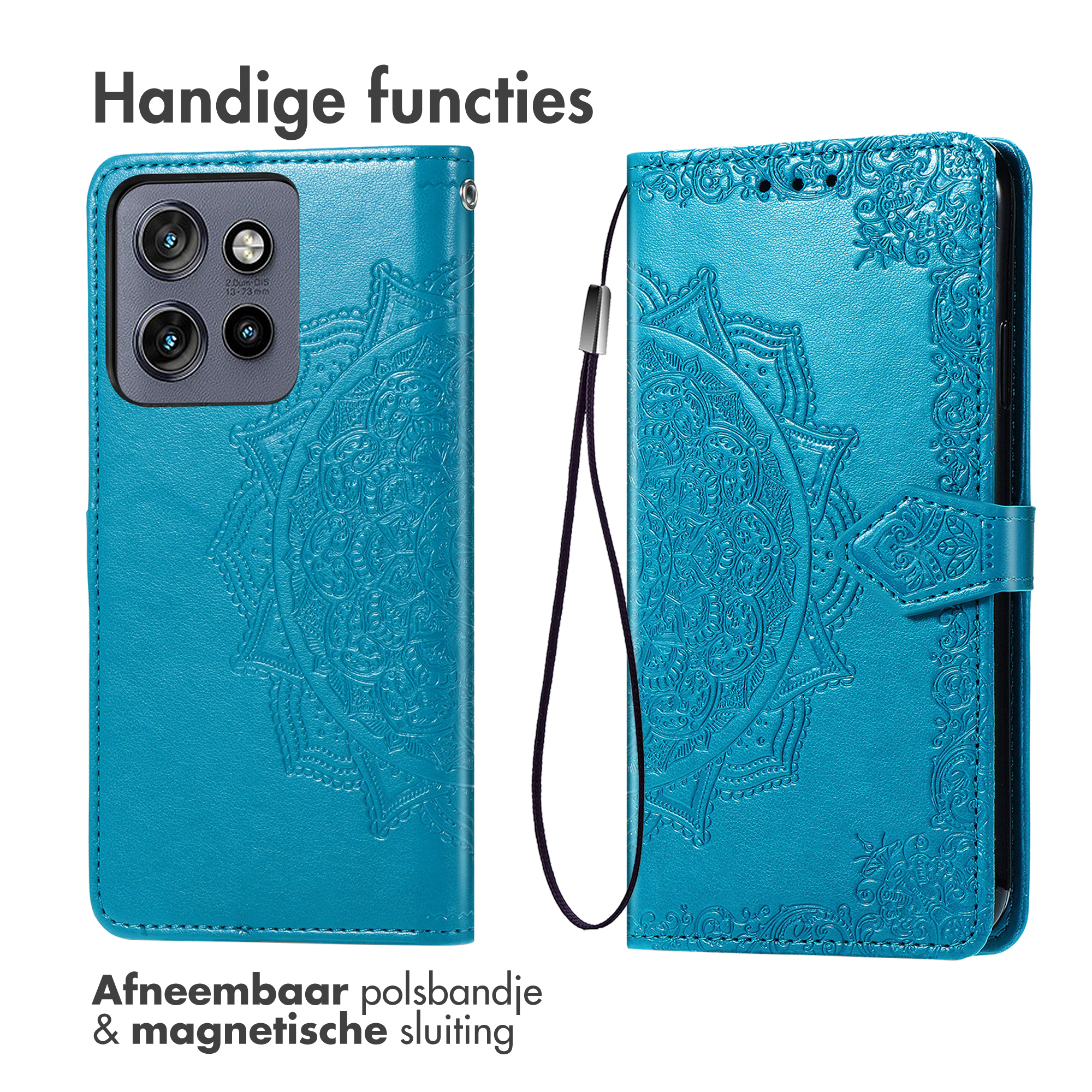 Een open, blauwgroene telefoonhoes. Met mandala-ontwerp, polsband en magnetische sluiting.