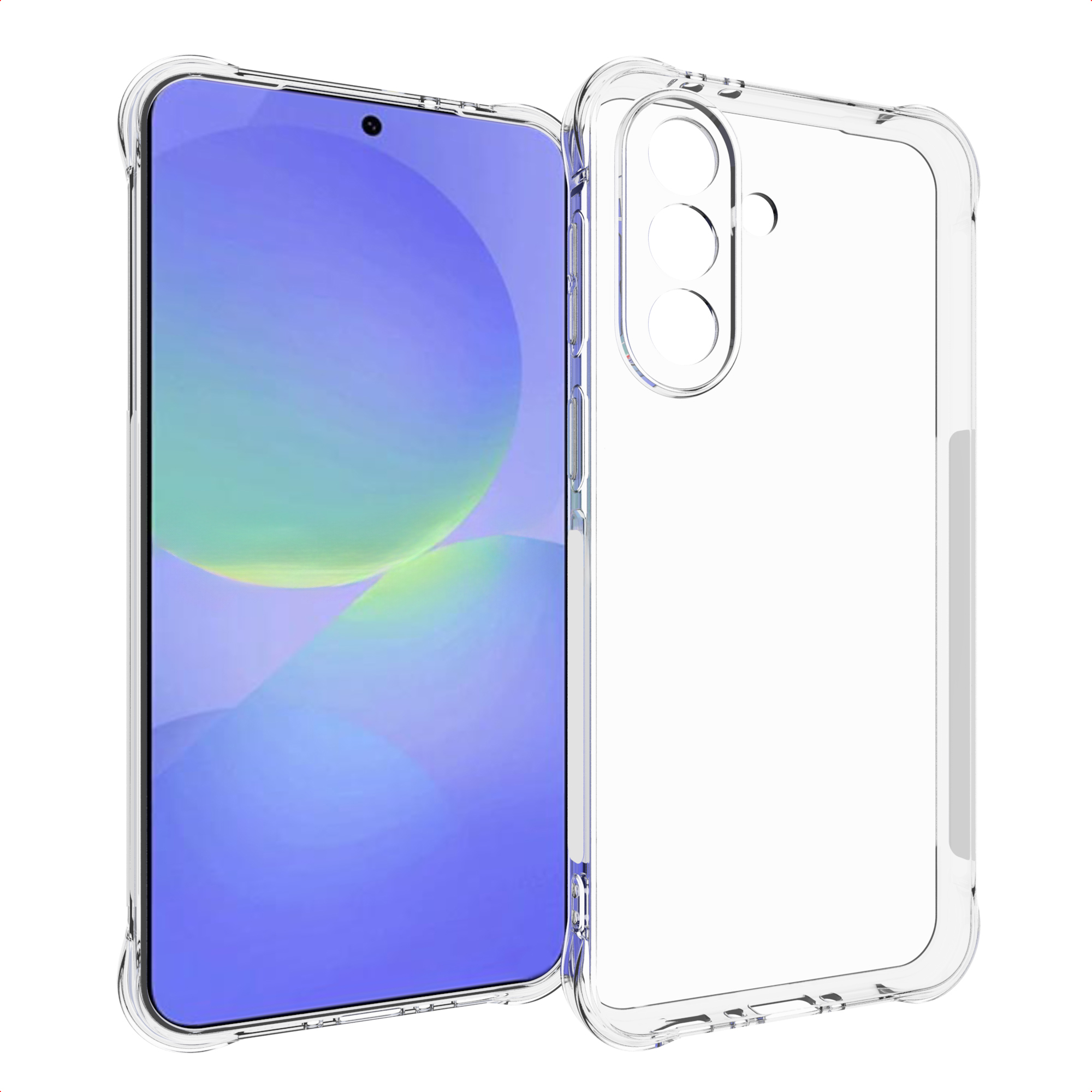 Custodia trasparente per telefono. Il telefono ha uno schermo sfumato blu e verde. Ritagli fotocamera.