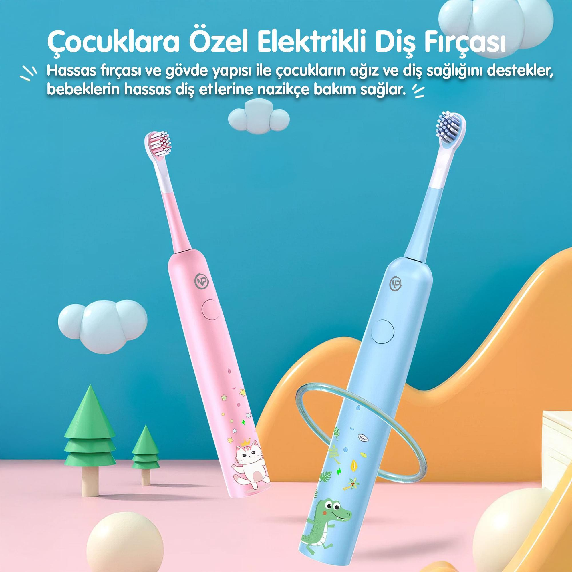 Görsel, renkli bir arka plan üzerinde pembe ve mavi renklerde, çizgi film tasarımlı iki çocuk elektrikli diş fırçasını gösteriyor.