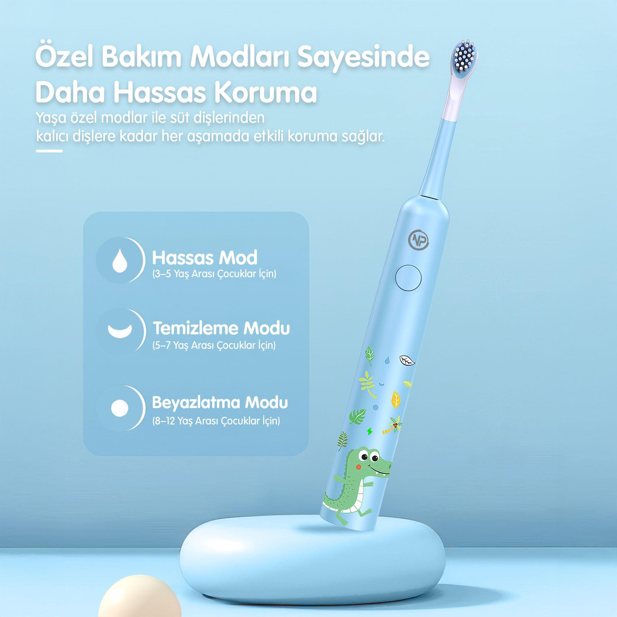 Beyaz kafalı mavi diş fırçası. Türkçe metin, hassas bakım modlarını tanımlar.