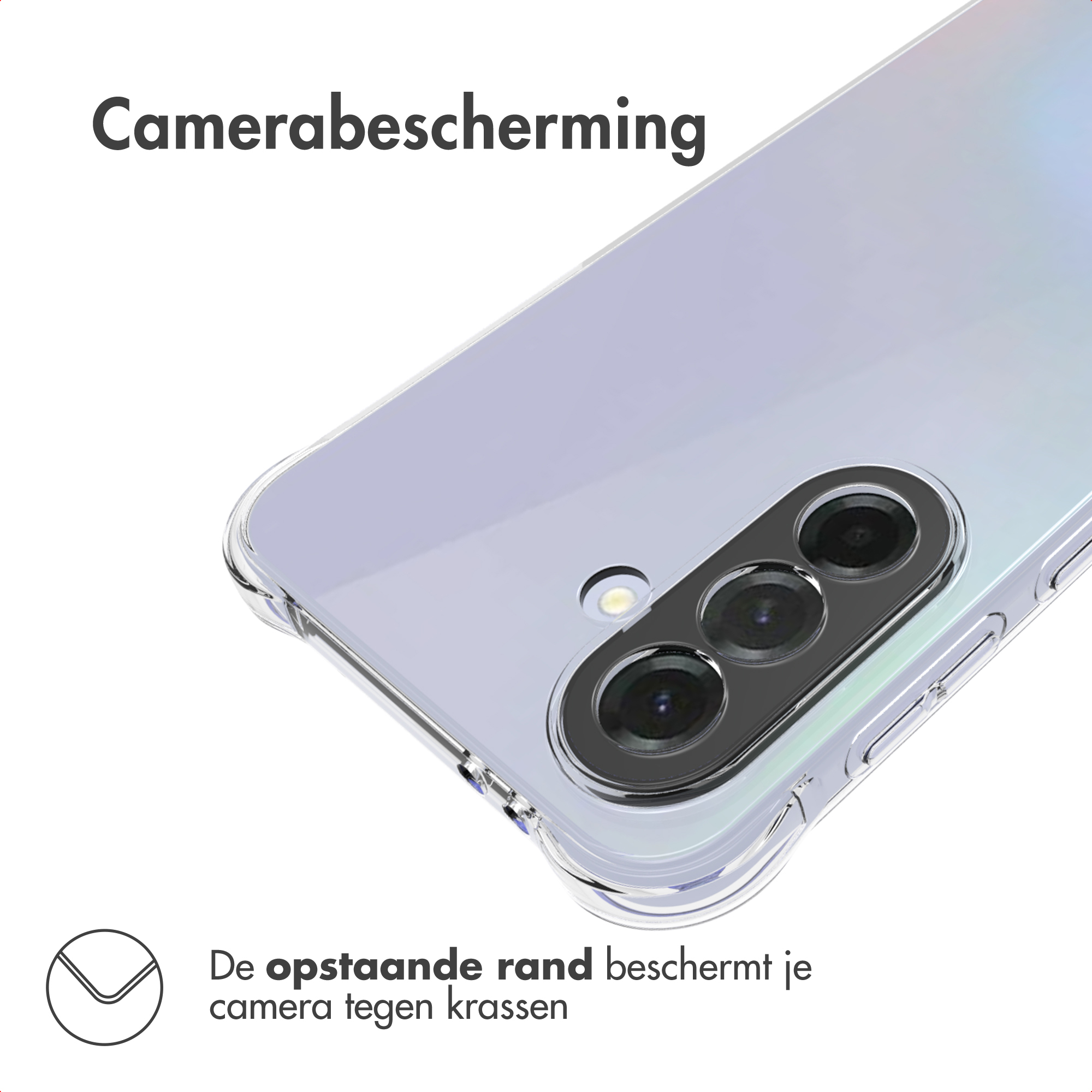 Custodia trasparente per telefono che protegge la fotocamera. Le lenti sono visibili attraverso la custodia.