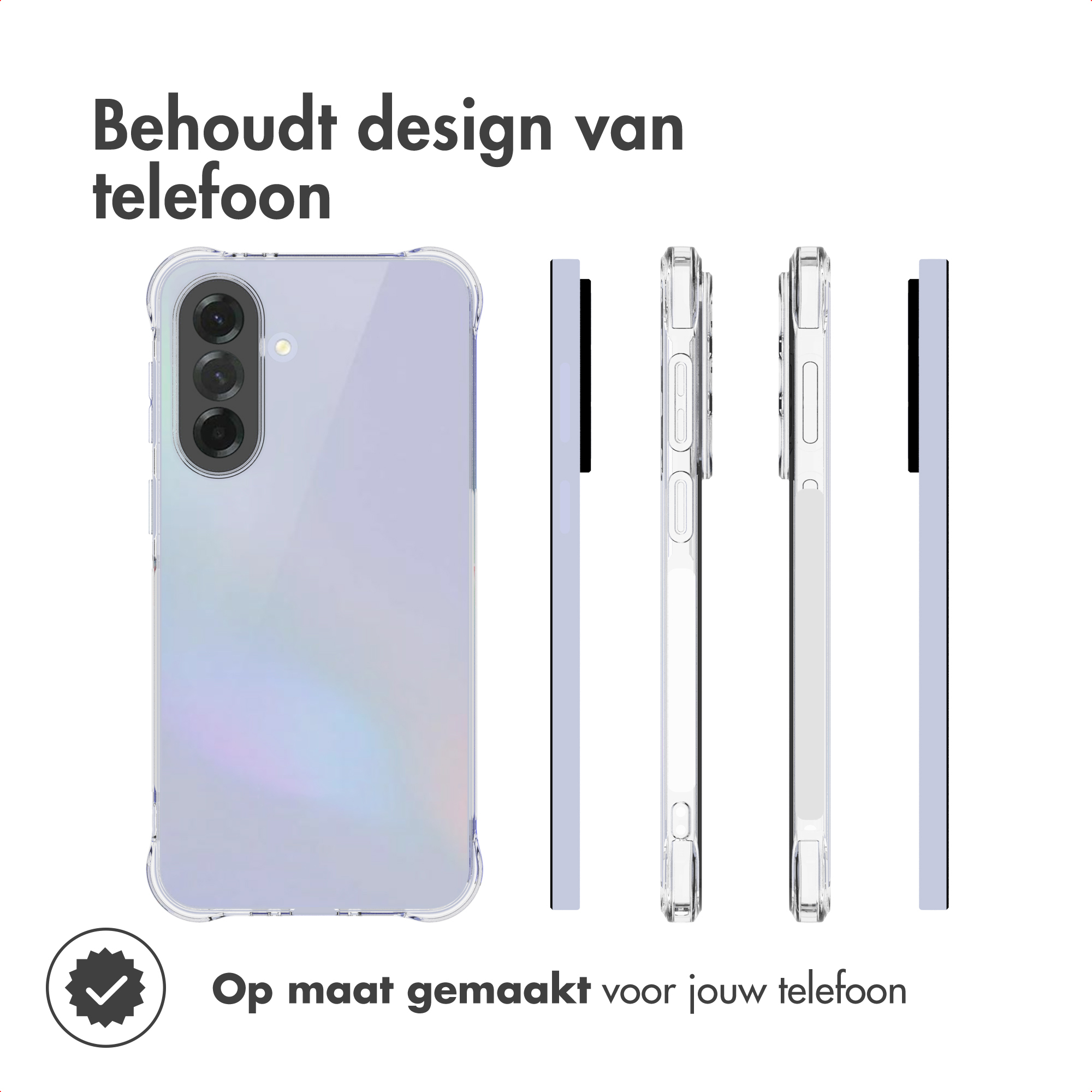 Viene mostrata una custodia per telefono, con il telefono all'interno. La custodia è trasparente. Il testo recita: Behoudt design van telefoon.