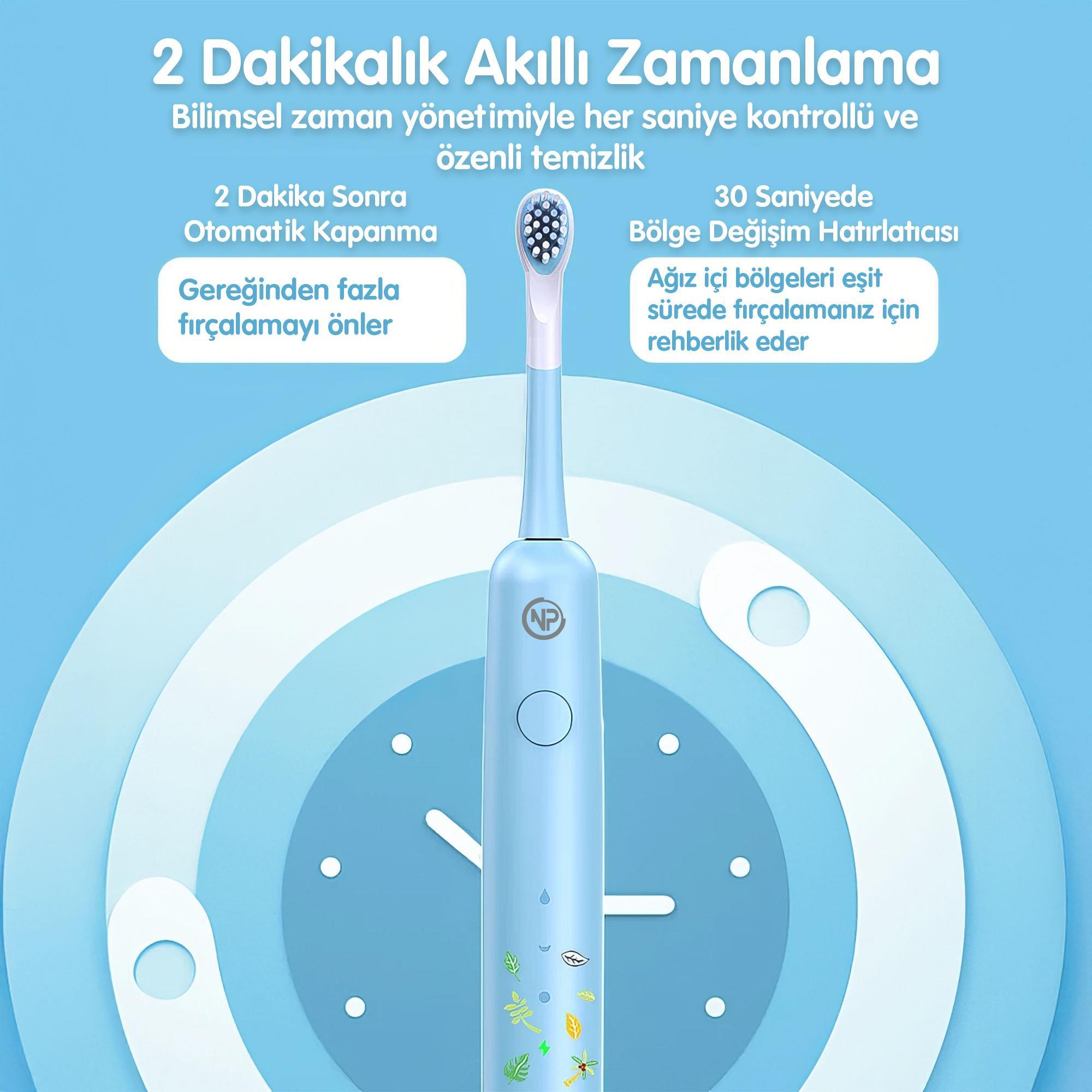 Beyaz fırça kafasına sahip mavi bir elektrikli diş fırçası. Metin Türkçe.