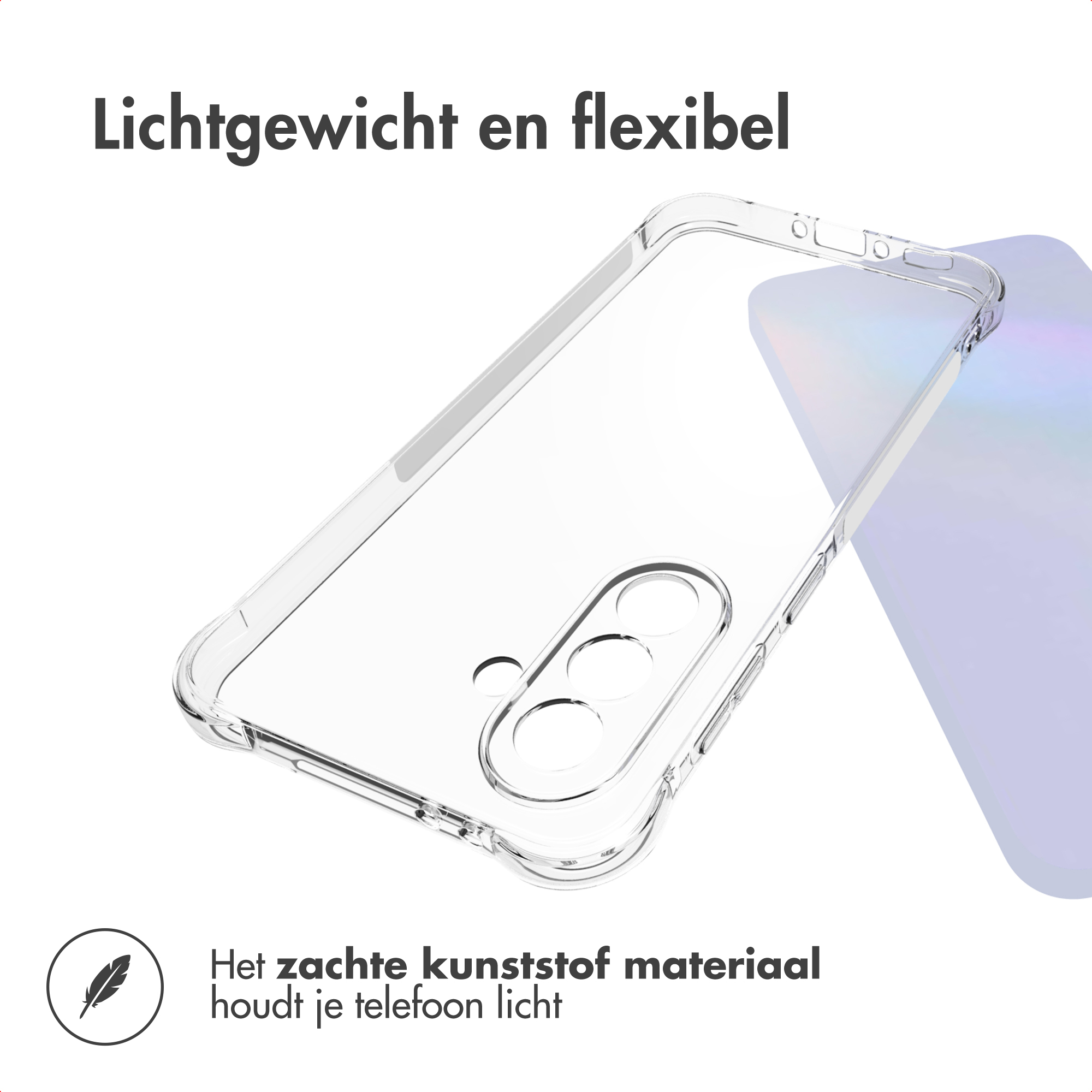 Custodia trasparente per telefono. Testo: Leggera e flessibile. Il materiale in plastica morbida mantiene il telefono leggero.