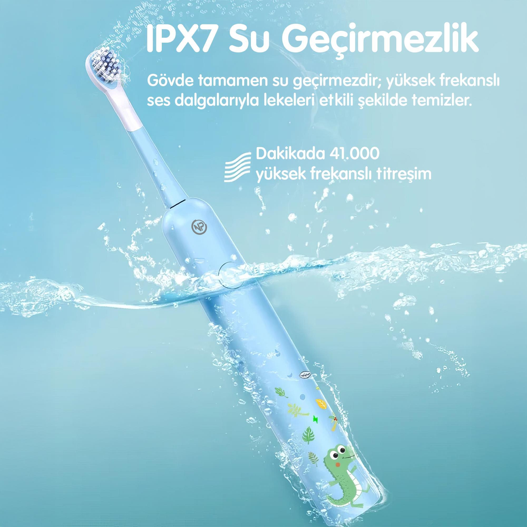 Mavi bir elektrikli diş fırçası suya batırılmış, su sıçramaları gösteriyor. Resimdeki metin özelliklerini duyuruyor.