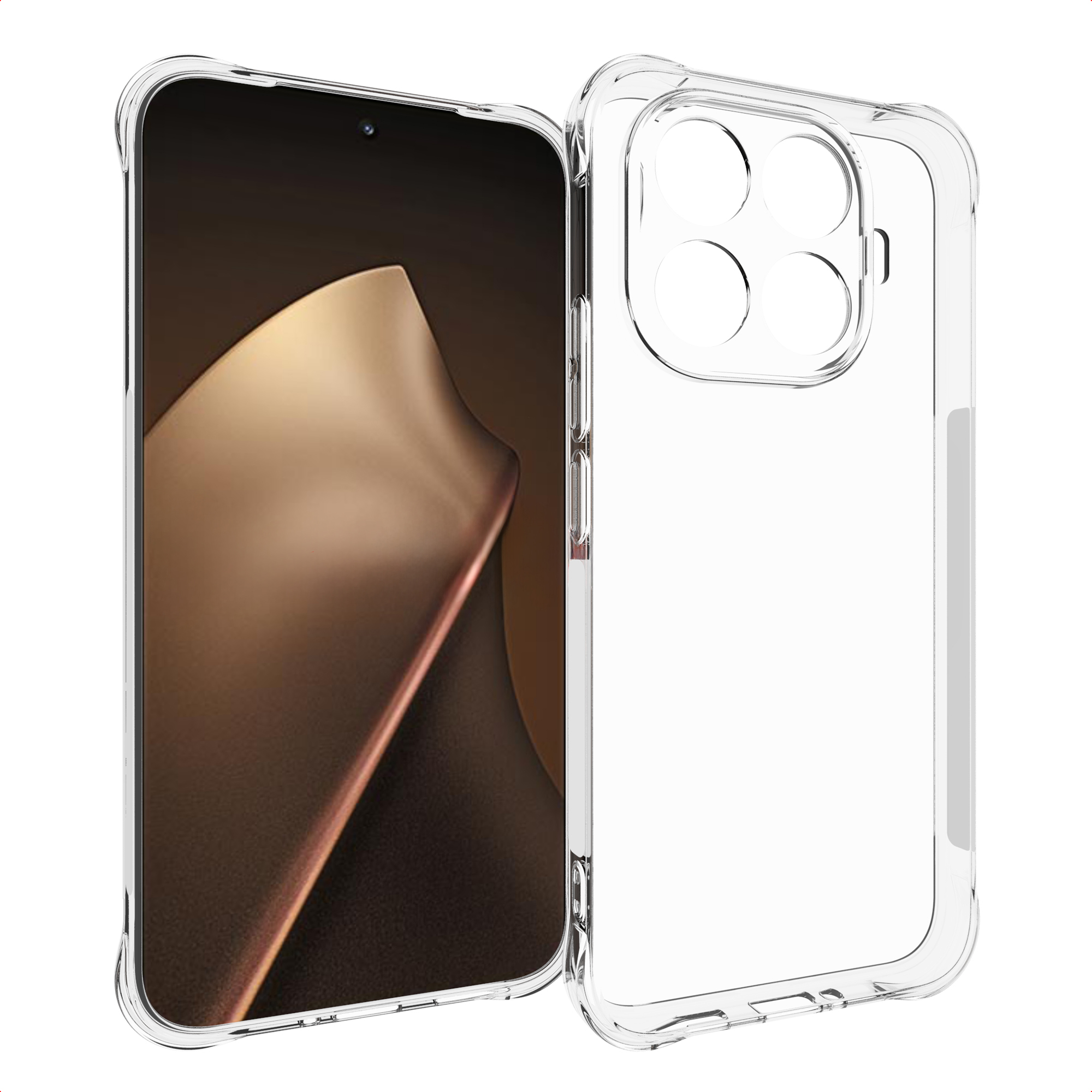 Une coque de téléphone transparente à côté d'un téléphone. Le téléphone affiche un fond marron et doré.