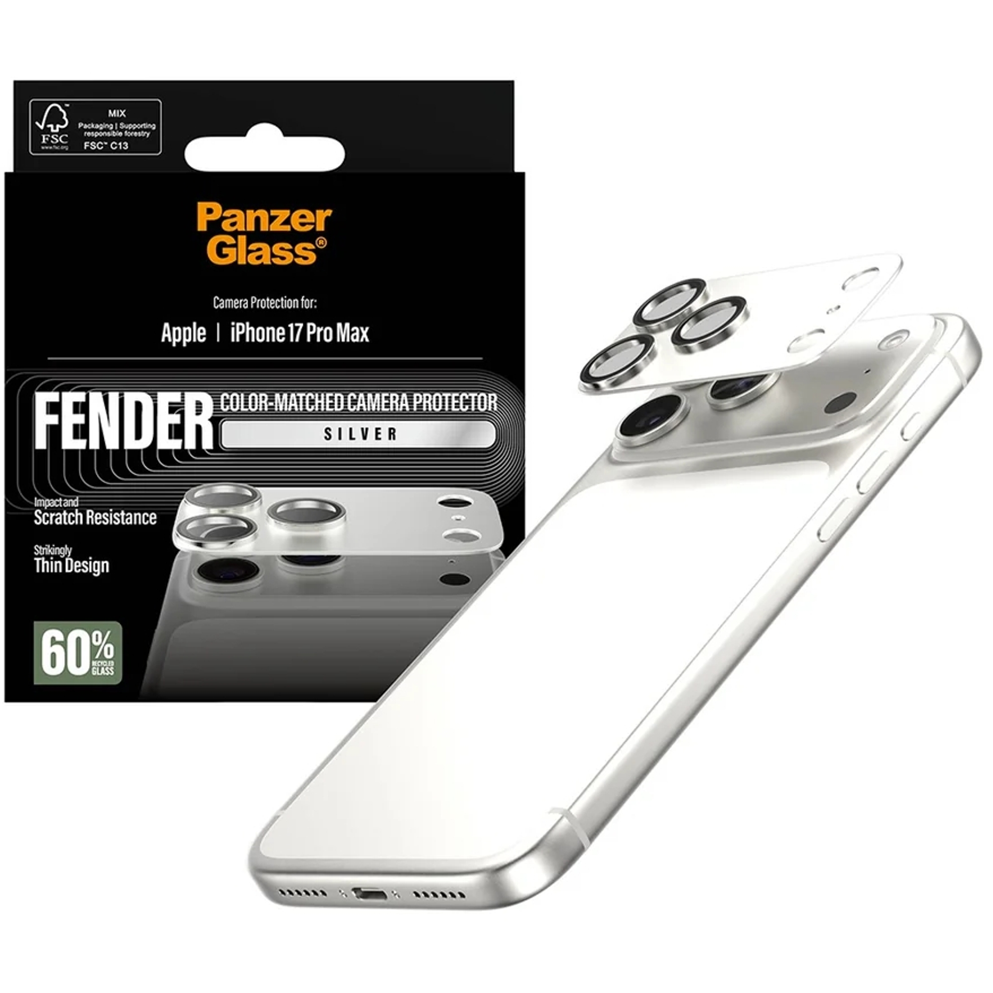 Bir telefon ve bir kamera koruyucu kutusu. Telefon gümüş rengindedir. Koruyucu telefonun üzerindedir.