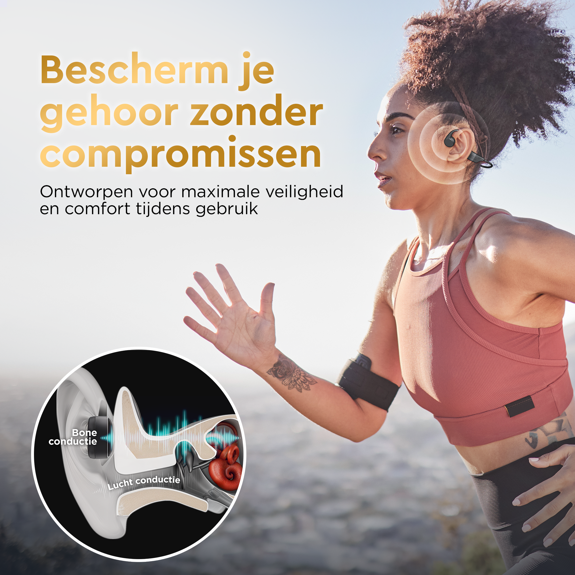 Une femme court avec un casque à conduction osseuse. Texte superposé : Protégez votre ouïe sans compromis.