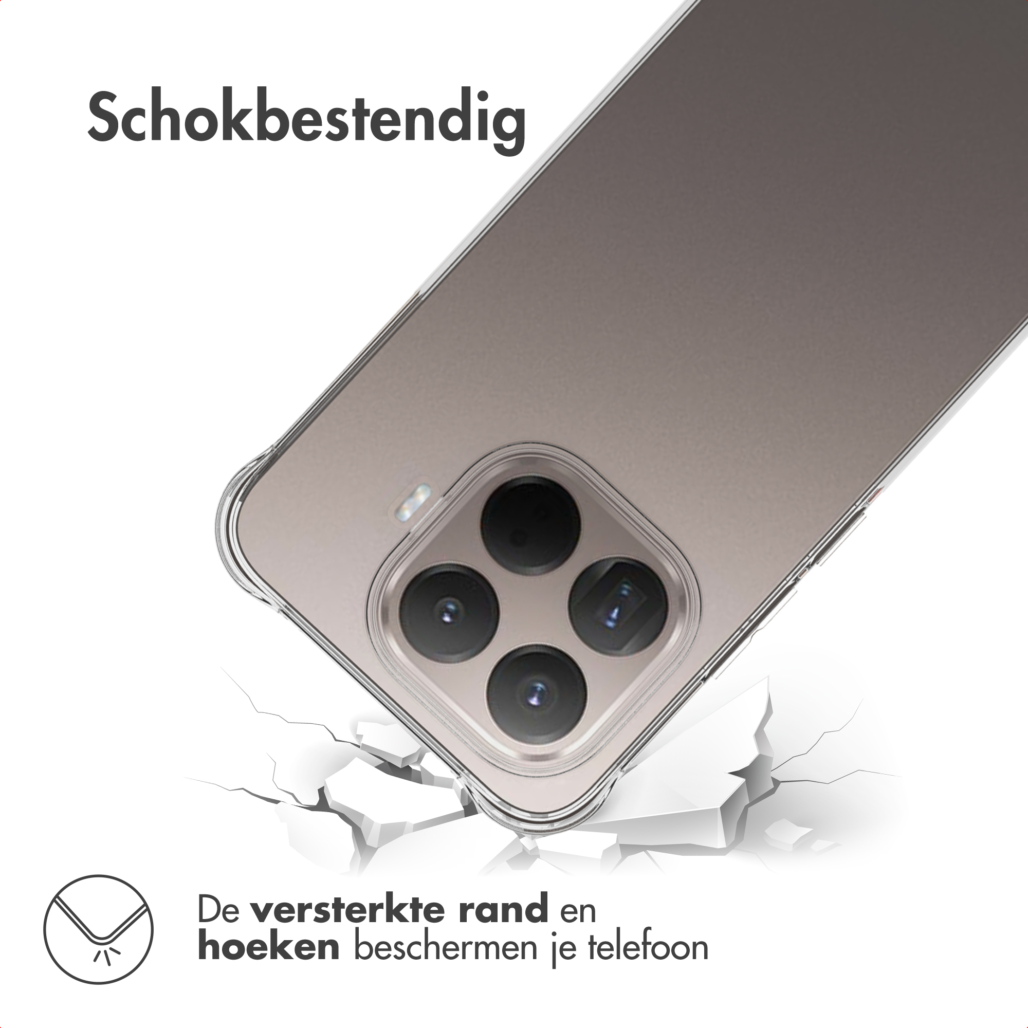 Une coque de téléphone est montrée, inclinée vers le bas. Le texte dit 'antichoc'. La coque est transparente et protège.
