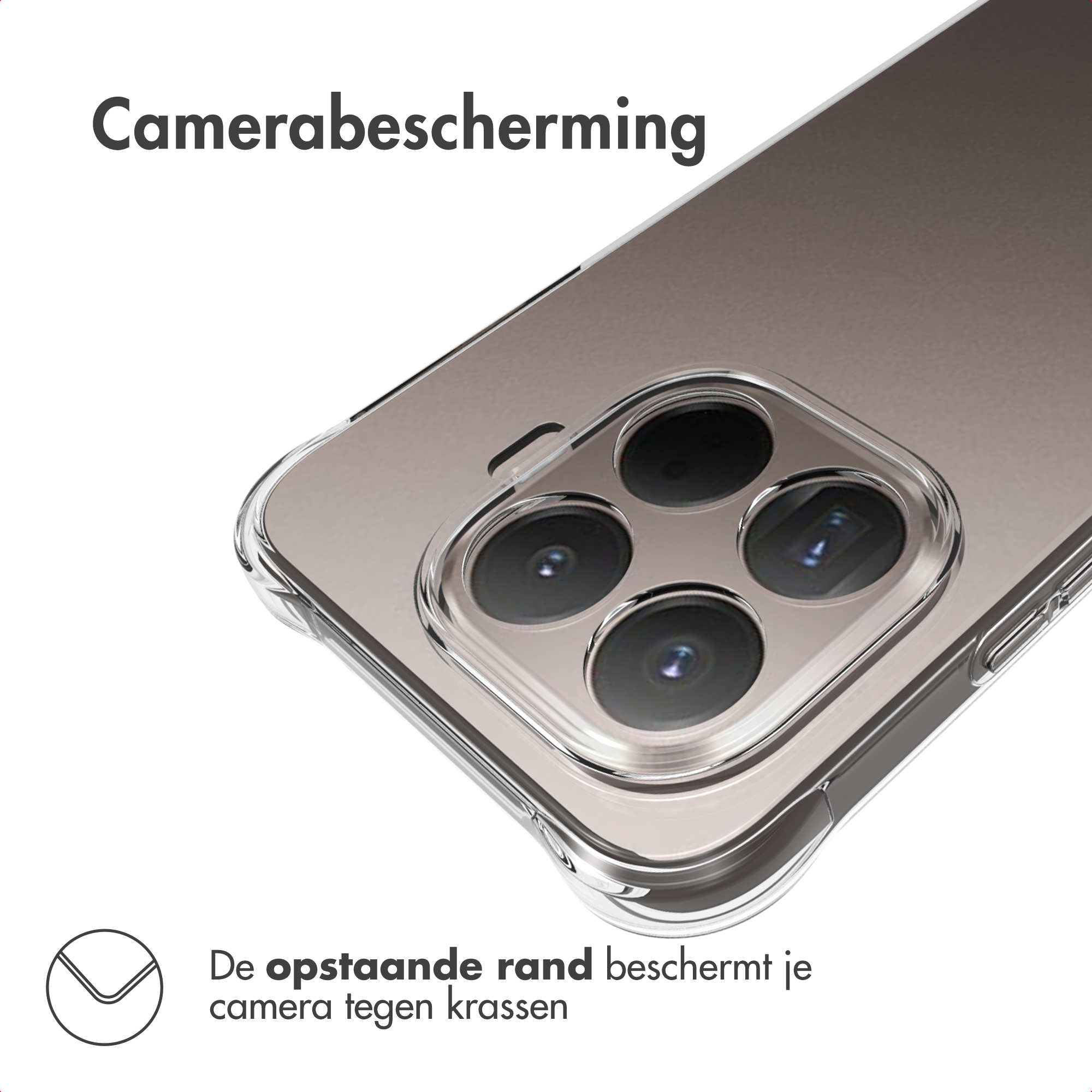 Gros plan d'un téléphone avec une coque de protection transparente. La coque a un bord surélevé pour protéger les lentilles de la caméra.