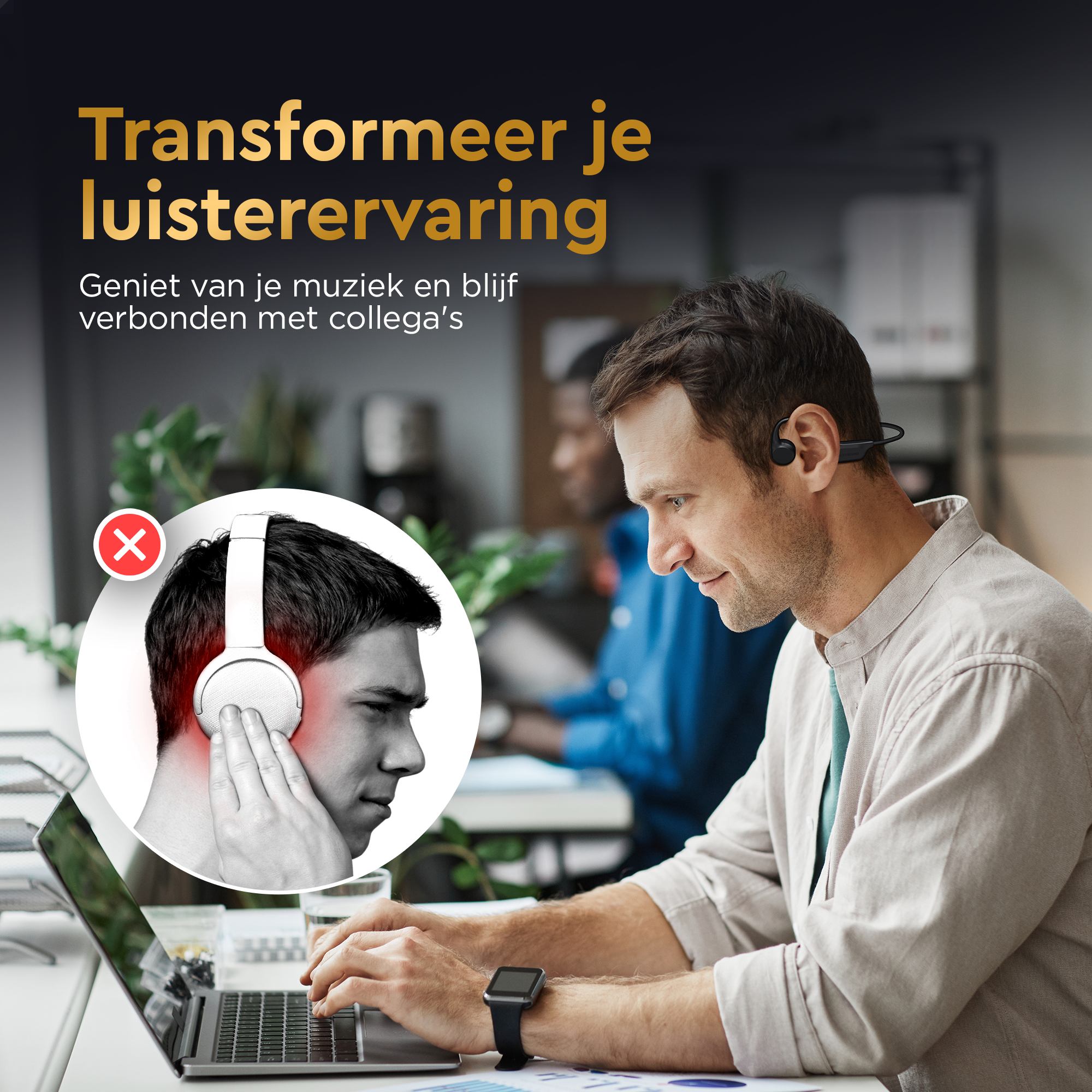 Homme utilisant un ordinateur portable avec un casque. Graphique montre la mauvaise écoute. Fond de bureau flou.