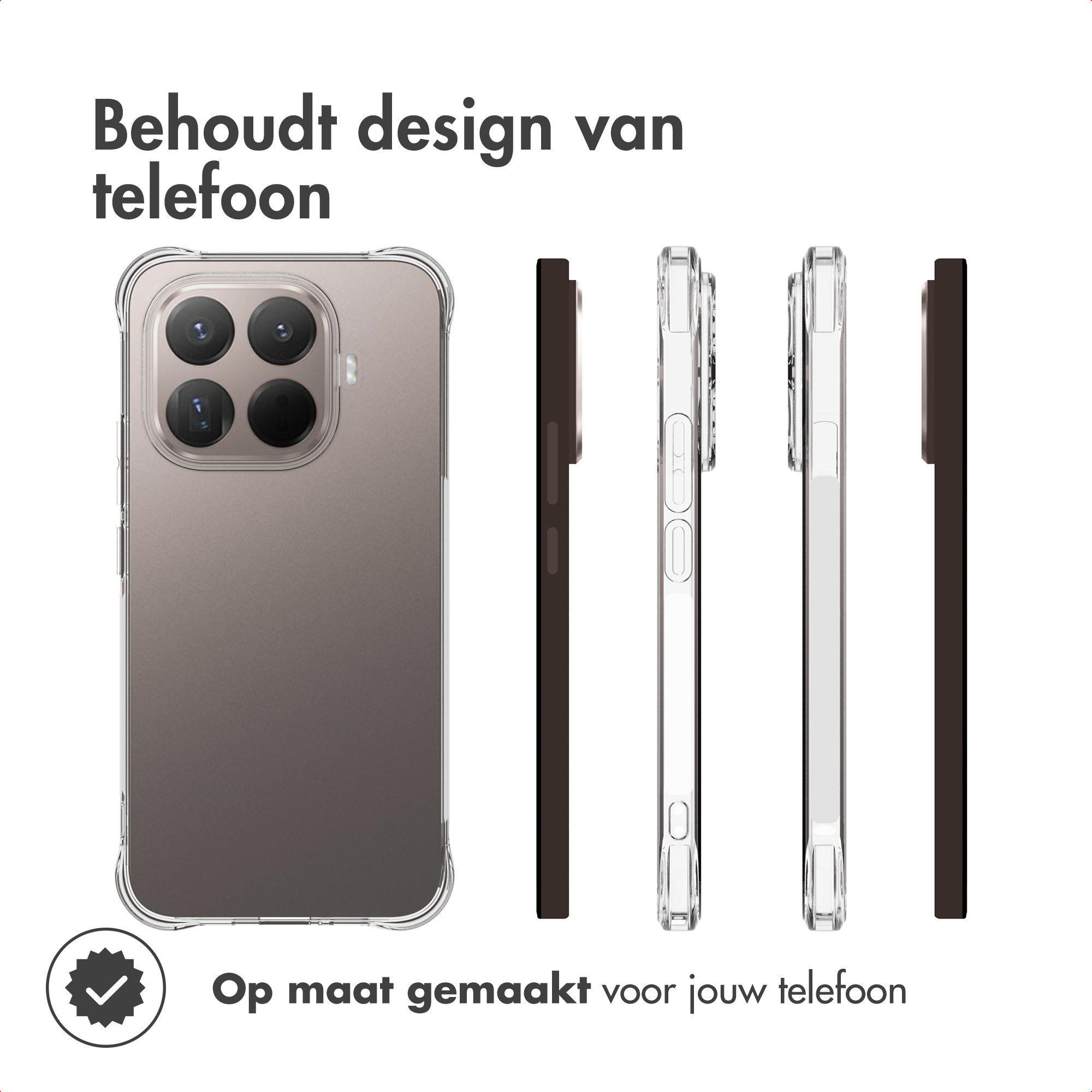 Un étui de téléphone est affiché, montrant un téléphone à l'intérieur, ainsi que des vues latérales des étuis. Le texte indique : Préserve le design du téléphone, fait sur mesure.