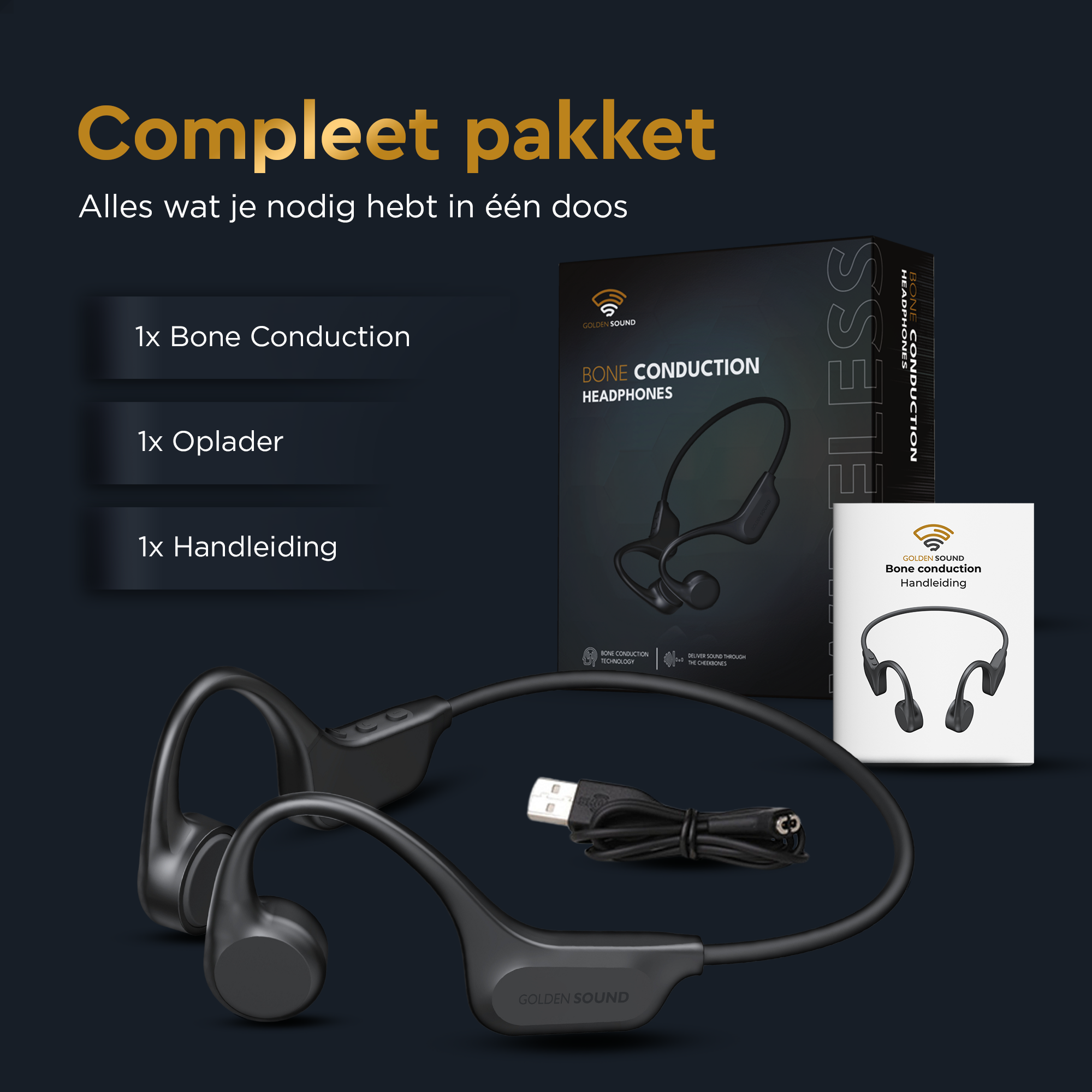 L'image montre un casque à conduction osseuse, un chargeur et un manuel. Le casque est noir avec la marque GOLDEN SOUND.