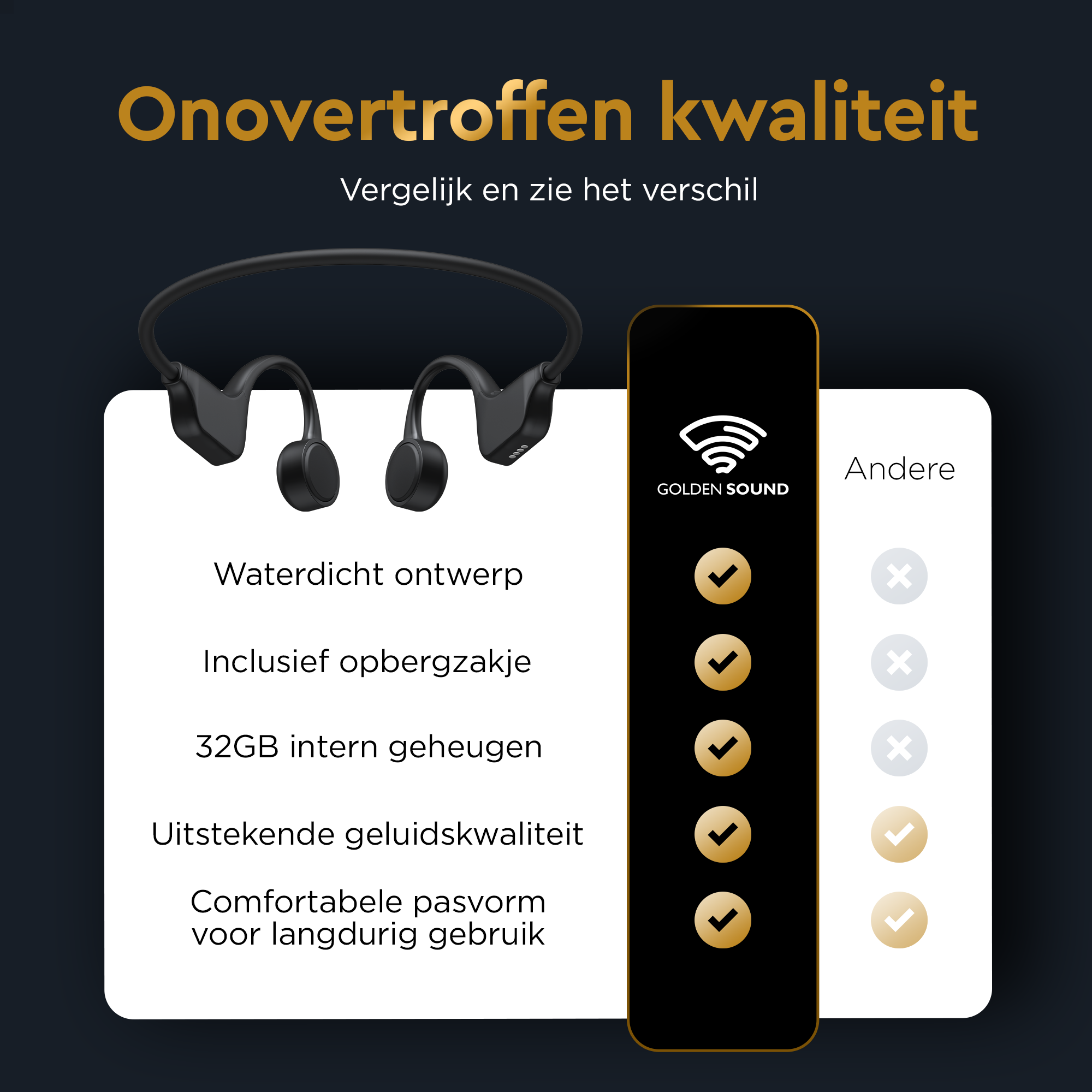 L'image montre un casque à conduction osseuse avec les fonctionnalités répertoriées. Un téléphone noir affiche le logo Golden Sound et des coches.