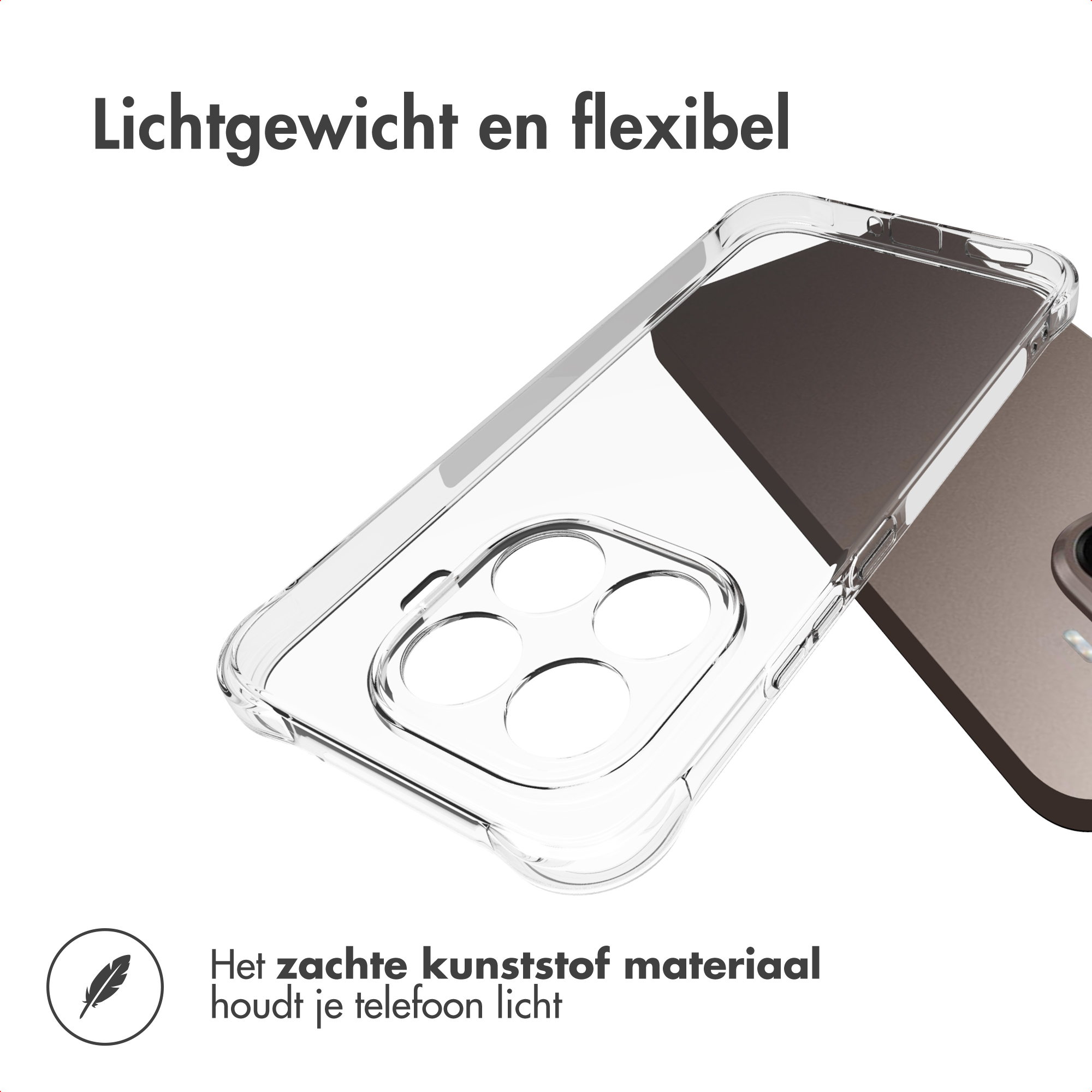 Coque transparente sur un téléphone marron. Texte: Léger et flexible. Le plastique souple garde votre téléphone léger.