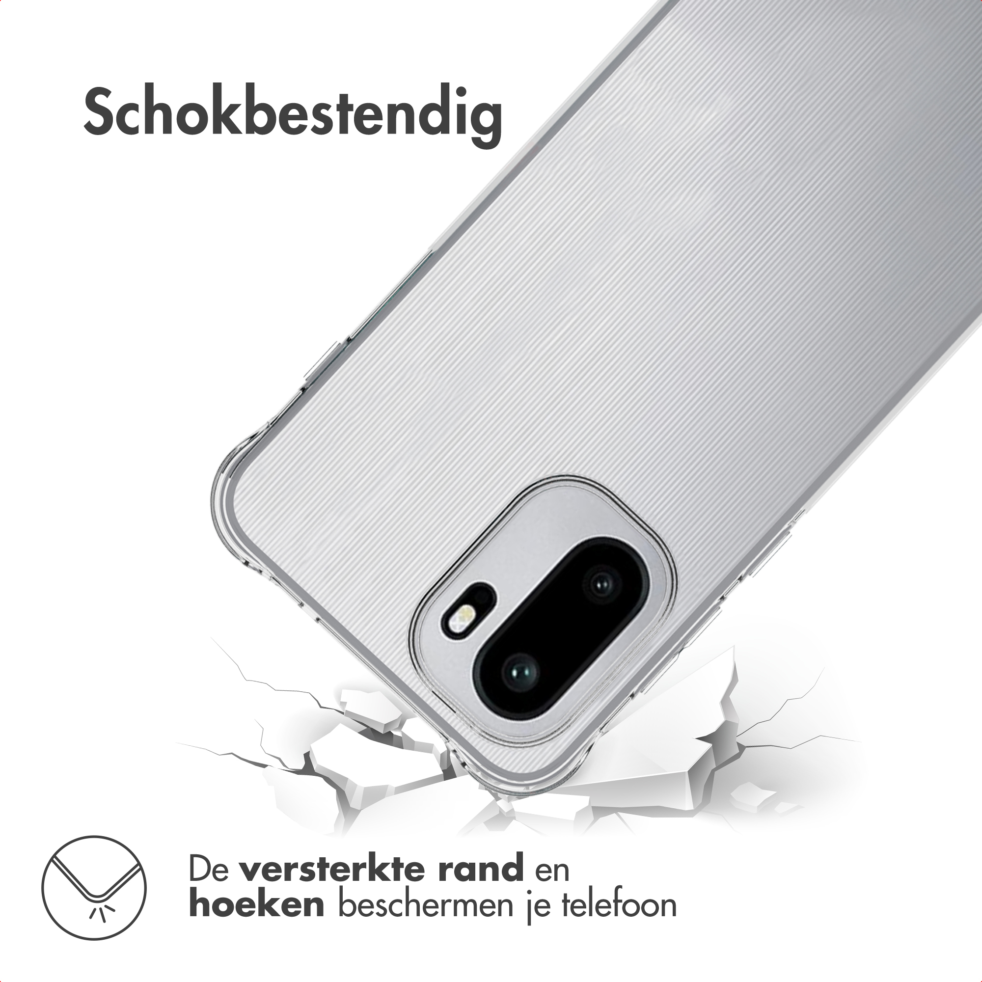 Een telefoonhoes valt op een oppervlak en creëert scheuren. Tekst: Schokbestendig. Versterkte randen beschermen je telefoon.