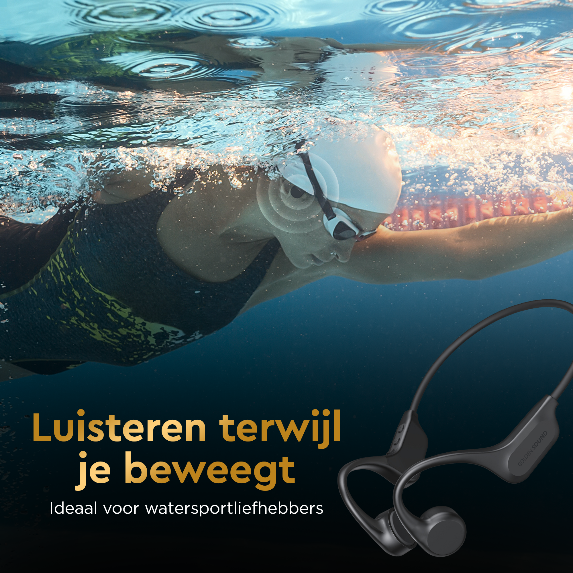 Nageur sous l'eau avec casque. Texte: Écoutez pendant que vous bougez. Idéal pour les amateurs de sports nautiques.