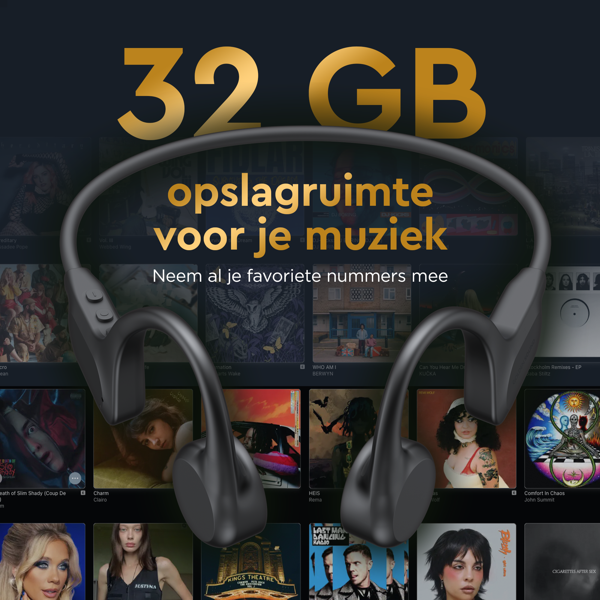Image avec casque et superposition de texte. Le texte dit '32 GB opslagruimte voor je muziek' (stockage pour votre musique).