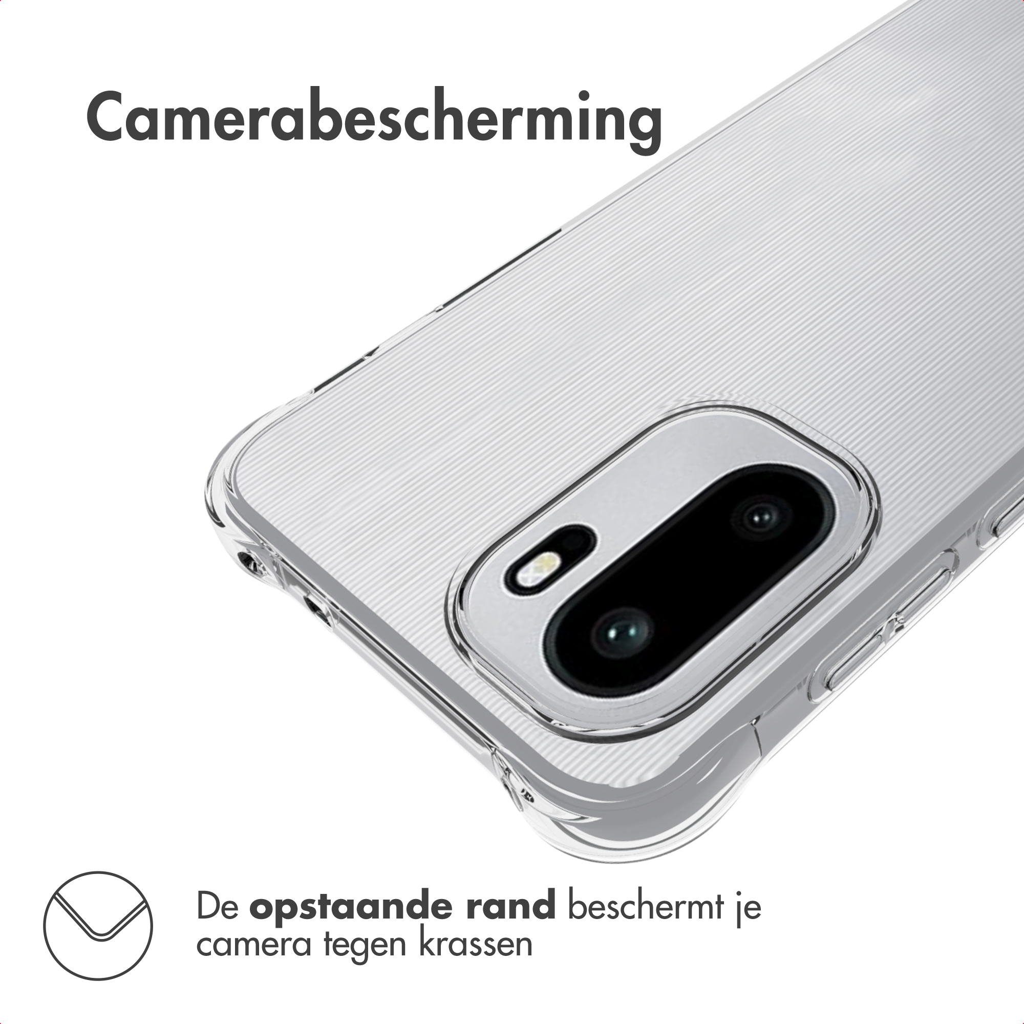 Een doorzichtige telefoonhoes met camerabescherming wordt getoond. De hoes heeft een opstaande rand om de camera te beschermen.