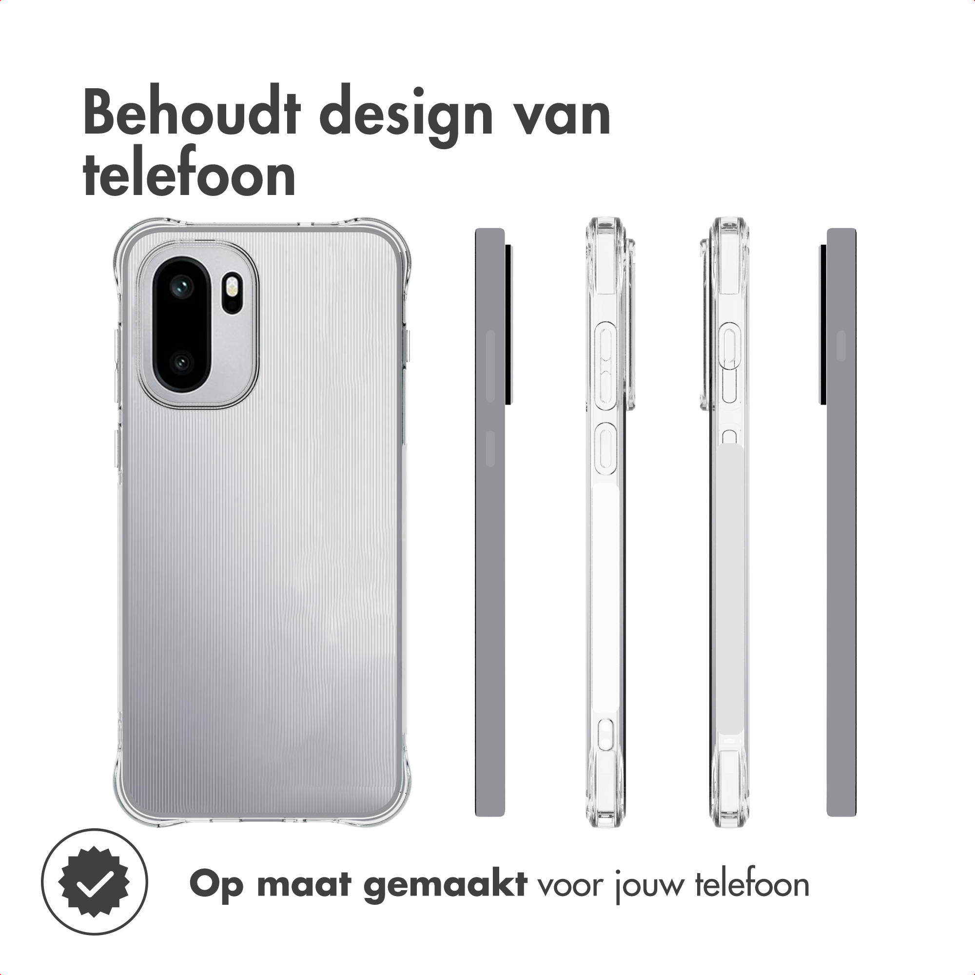 Transparante telefoonhoes. Transparante plastic hoes op witte achtergrond, met meerdere weergaven. Tekst in het Nederlands.
